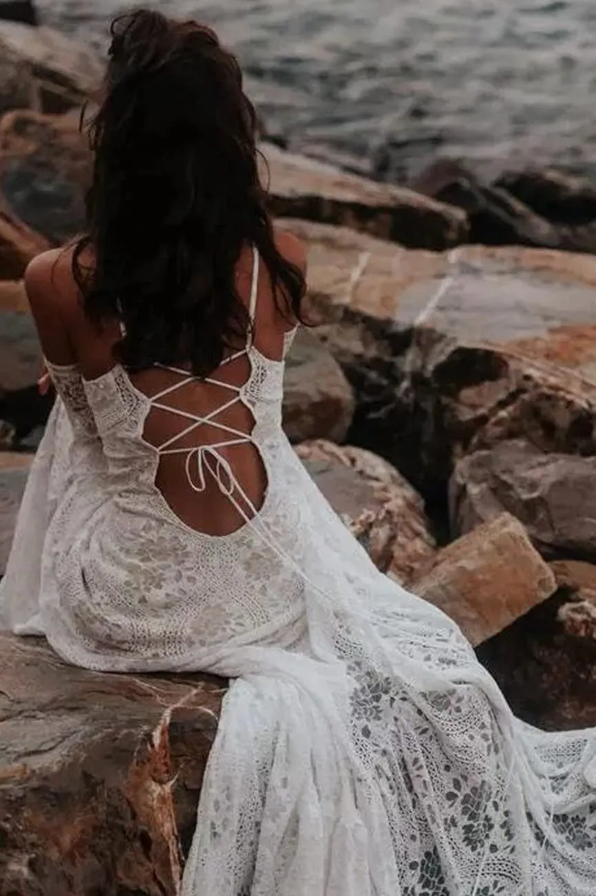 Bohemia Long V-neck Backless Elegant Beach Lace Wedding Dresses