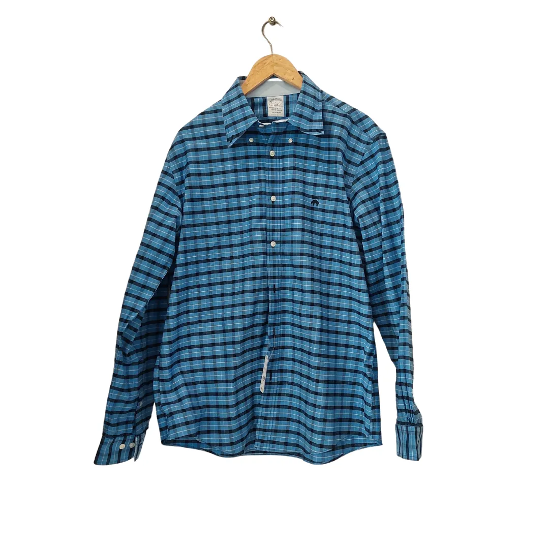 Brooks Brother Men's Blue Checked Cotton Blend Collared Shirt | Brand New |