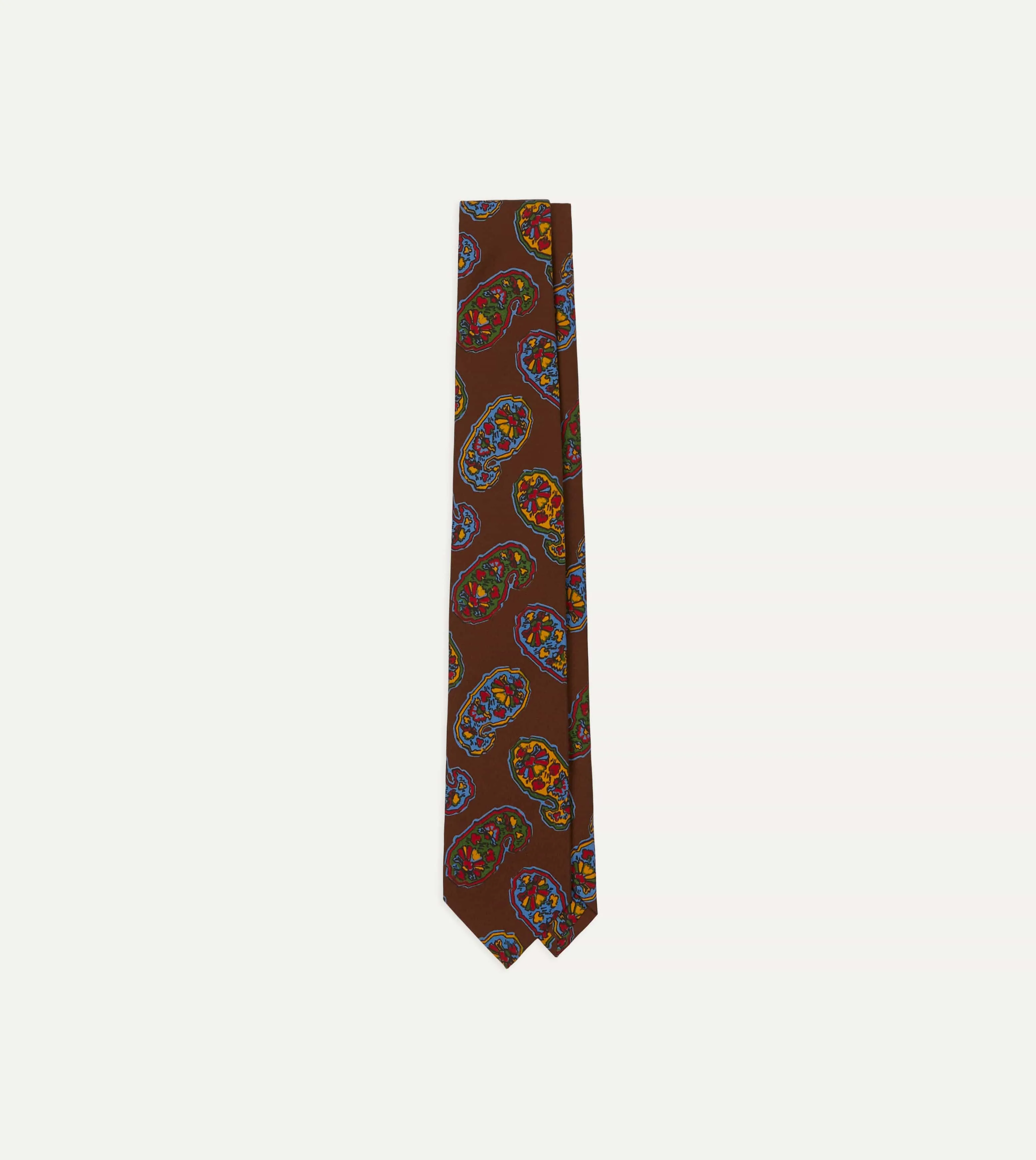 Brown Large Paisley Print Silk Self Tipped Tie