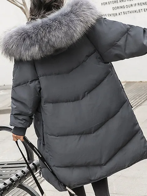 (Bust up to 144 CM) (S - 5XL) Starling Plus Size Women's Winter Jacket Coat Fur Hoody Padded Long Winter Jacket (Grey, Black) (EXTRA BIG SIZE)