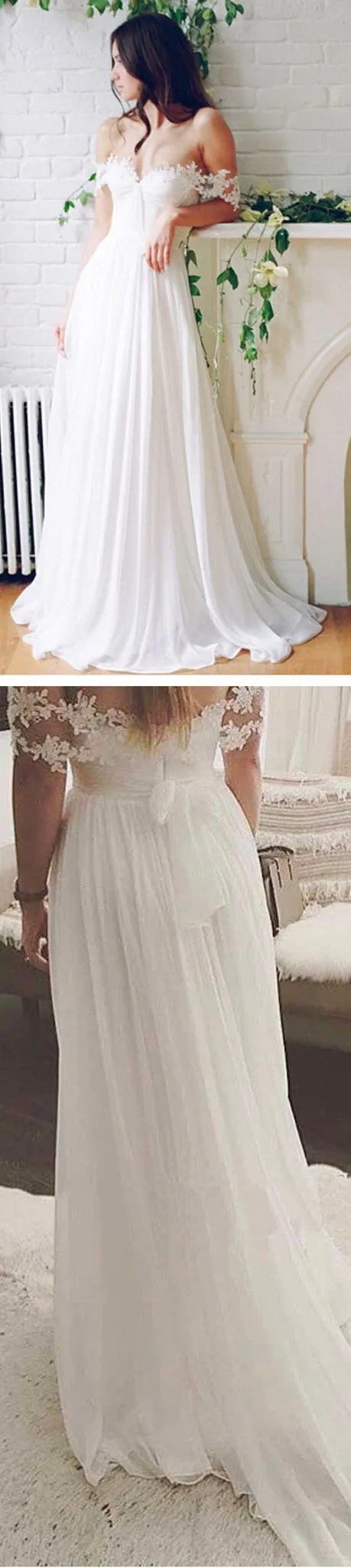 Cheap Popular Summer Beach Off Shoulder Long A-line White Chiffon Sexy Lace Wedding Dresses, WD0138