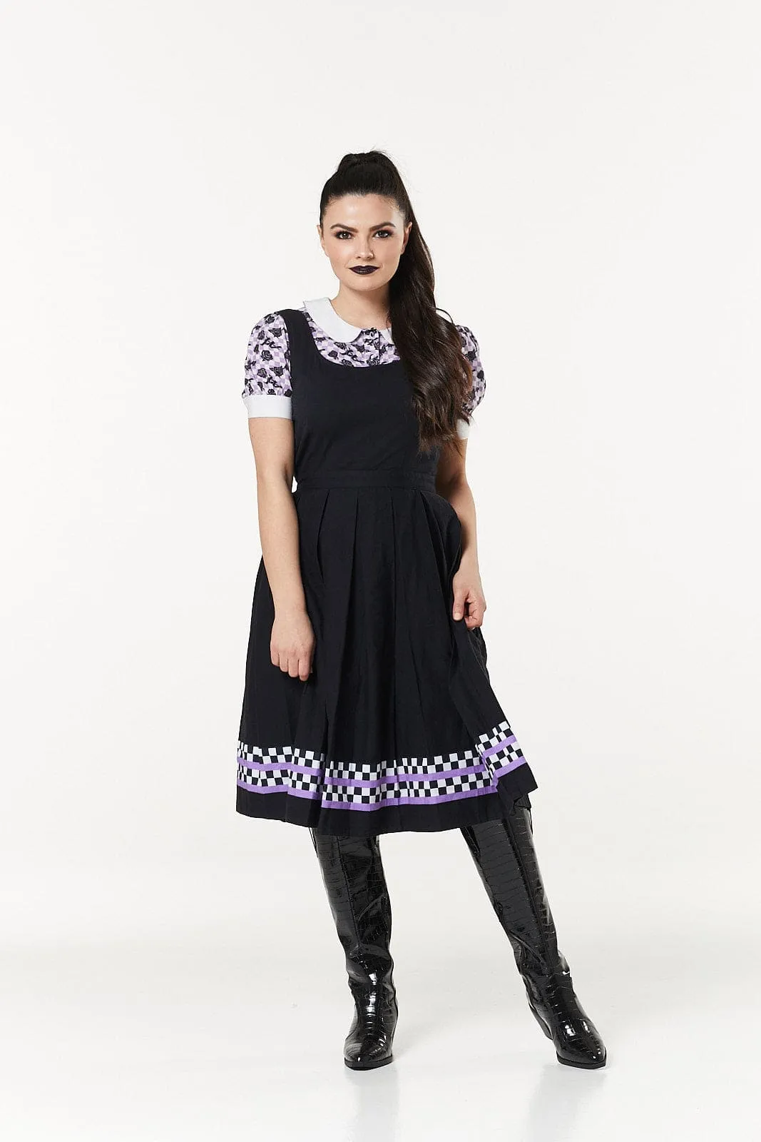 Checker Pinafore Dress In Purple & White