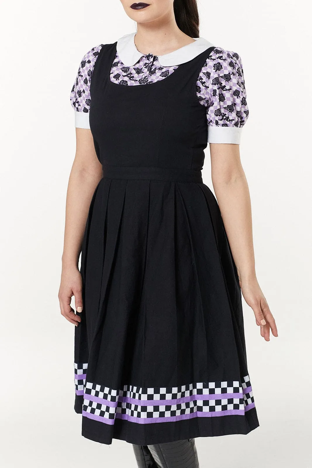 Checker Pinafore Dress In Purple & White