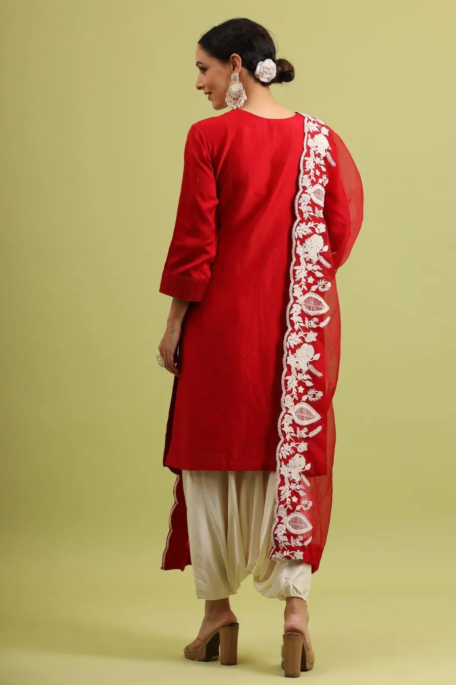 Cherry Red Embroidered Kurta set with Harem Pants