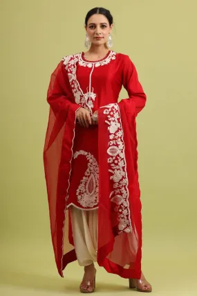 Cherry Red Embroidered Kurta set with Harem Pants