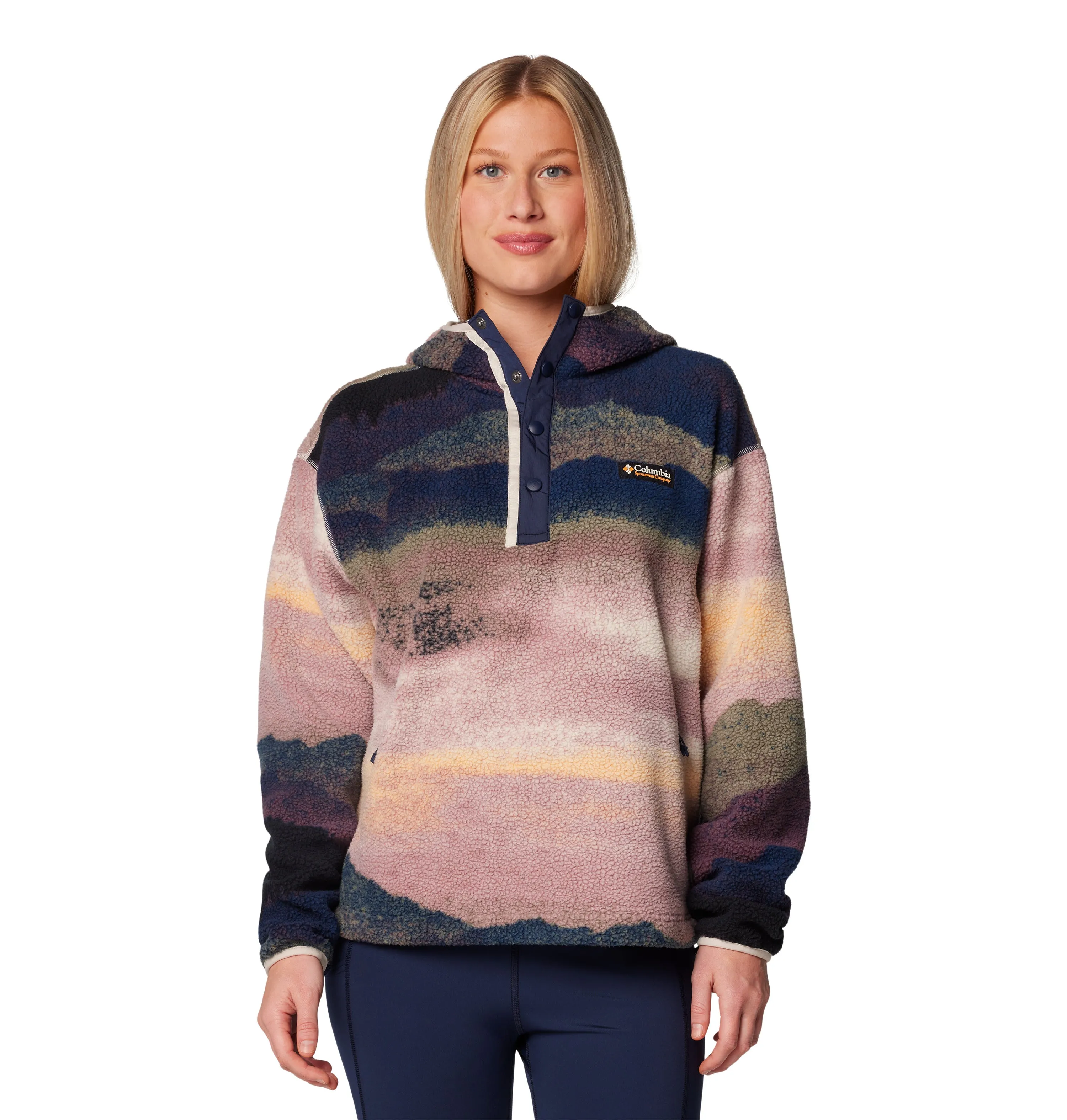 Columbia Women's Helvetia II Sherpa Hooded Printed Fleece (Collegiate Navy Dolomites)