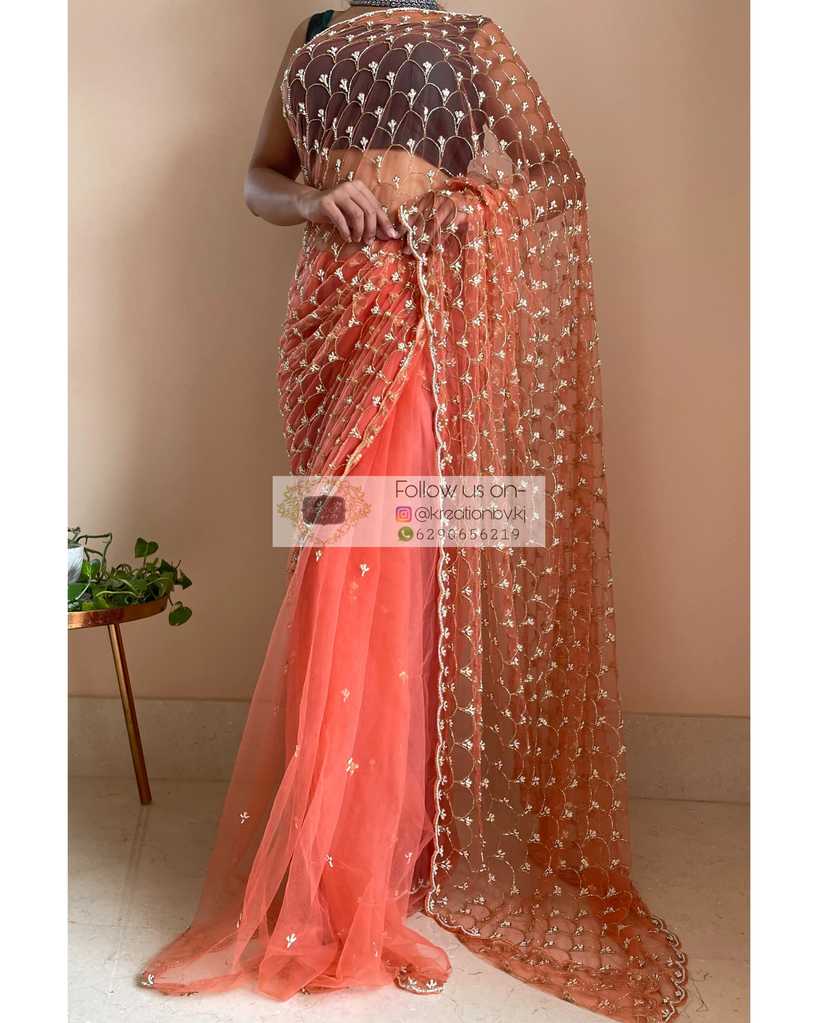 Coral Cutdana Mehraab Jaal Saree