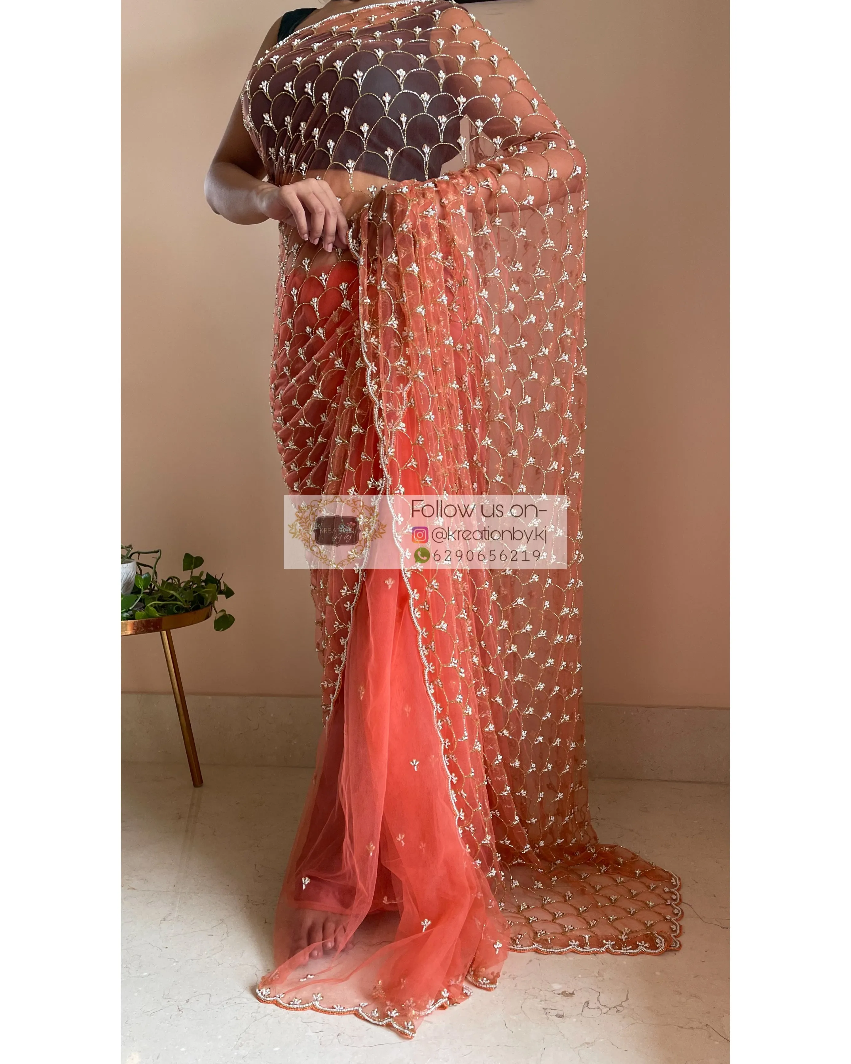 Coral Cutdana Mehraab Jaal Saree