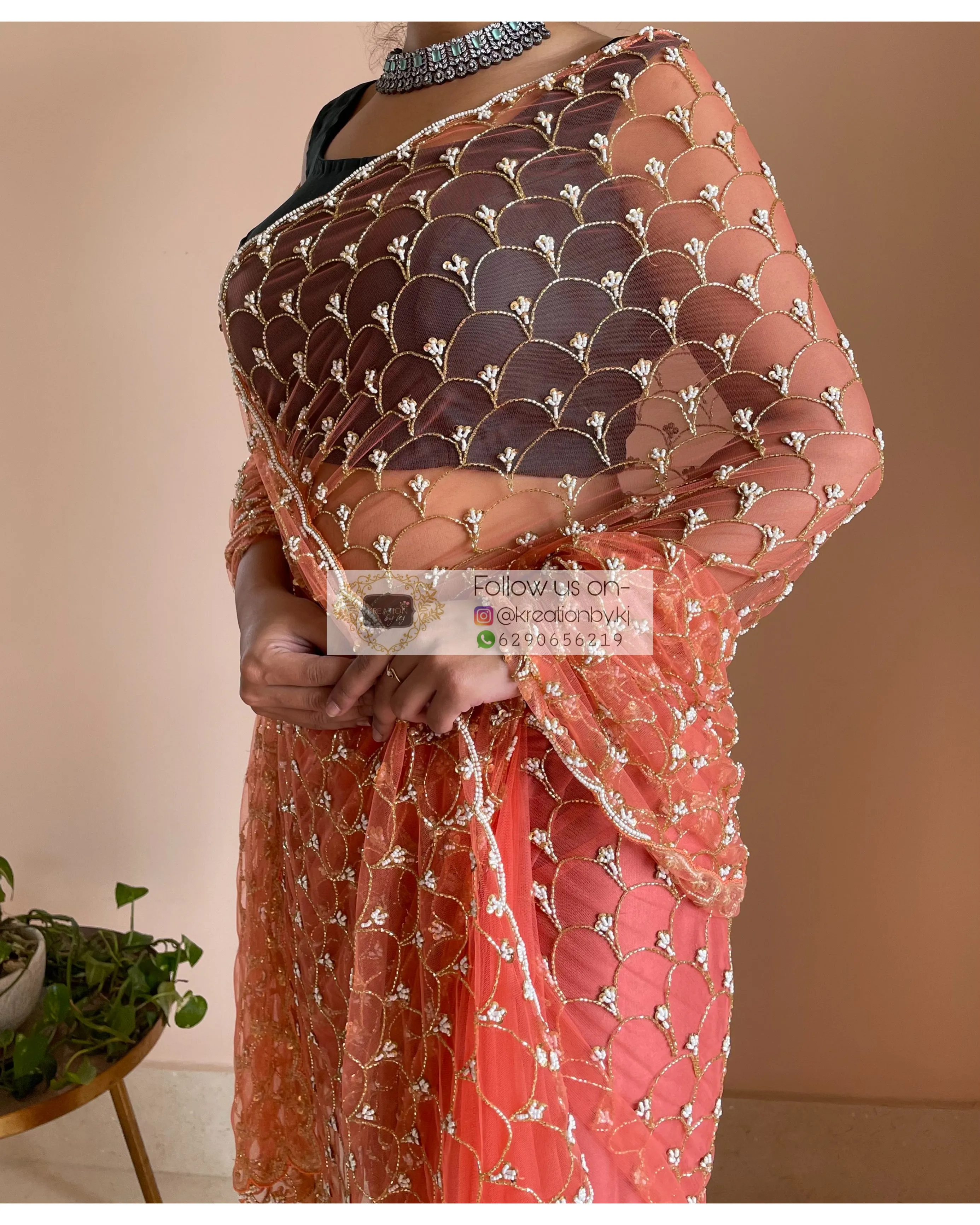 Coral Cutdana Mehraab Jaal Saree