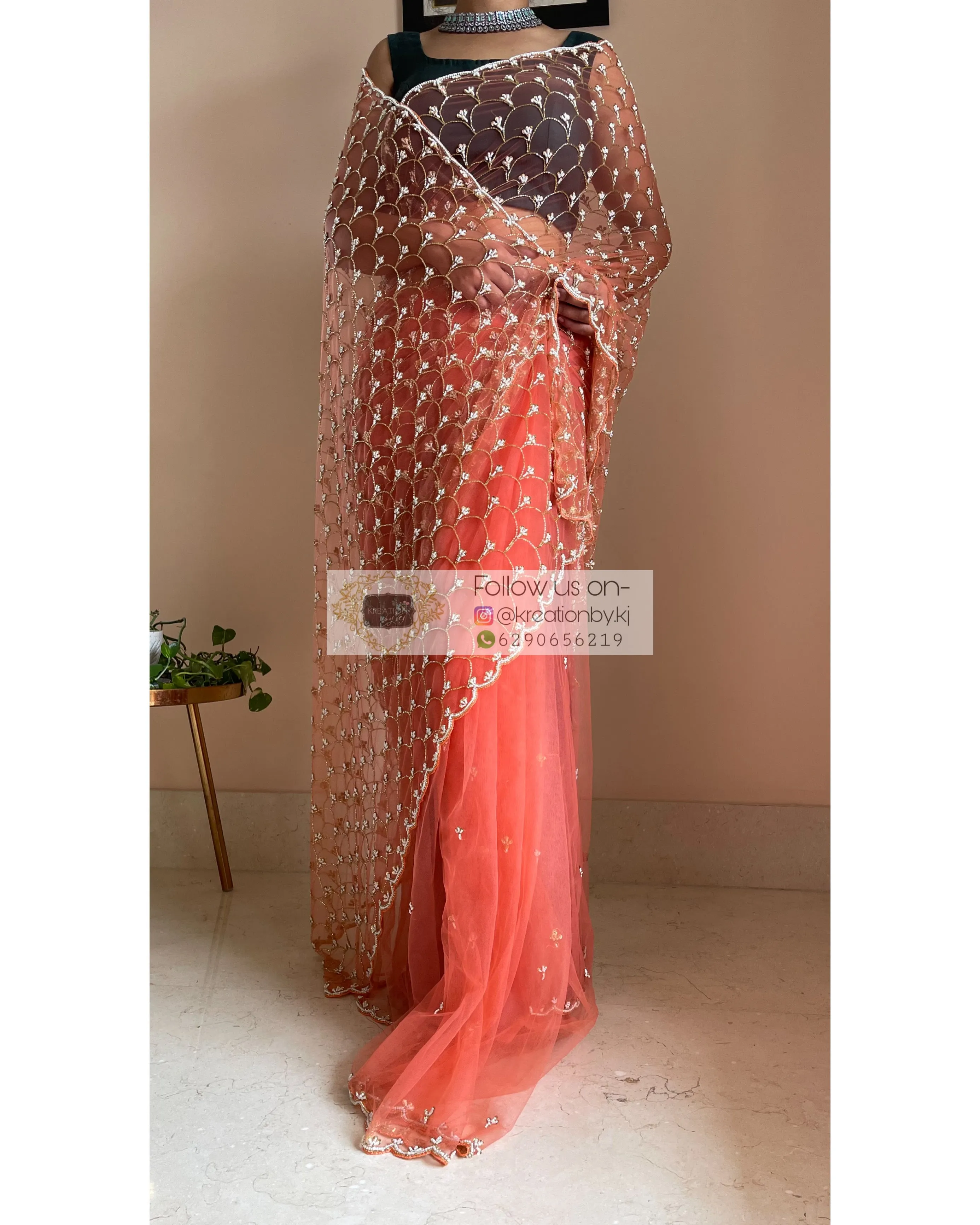 Coral Cutdana Mehraab Jaal Saree