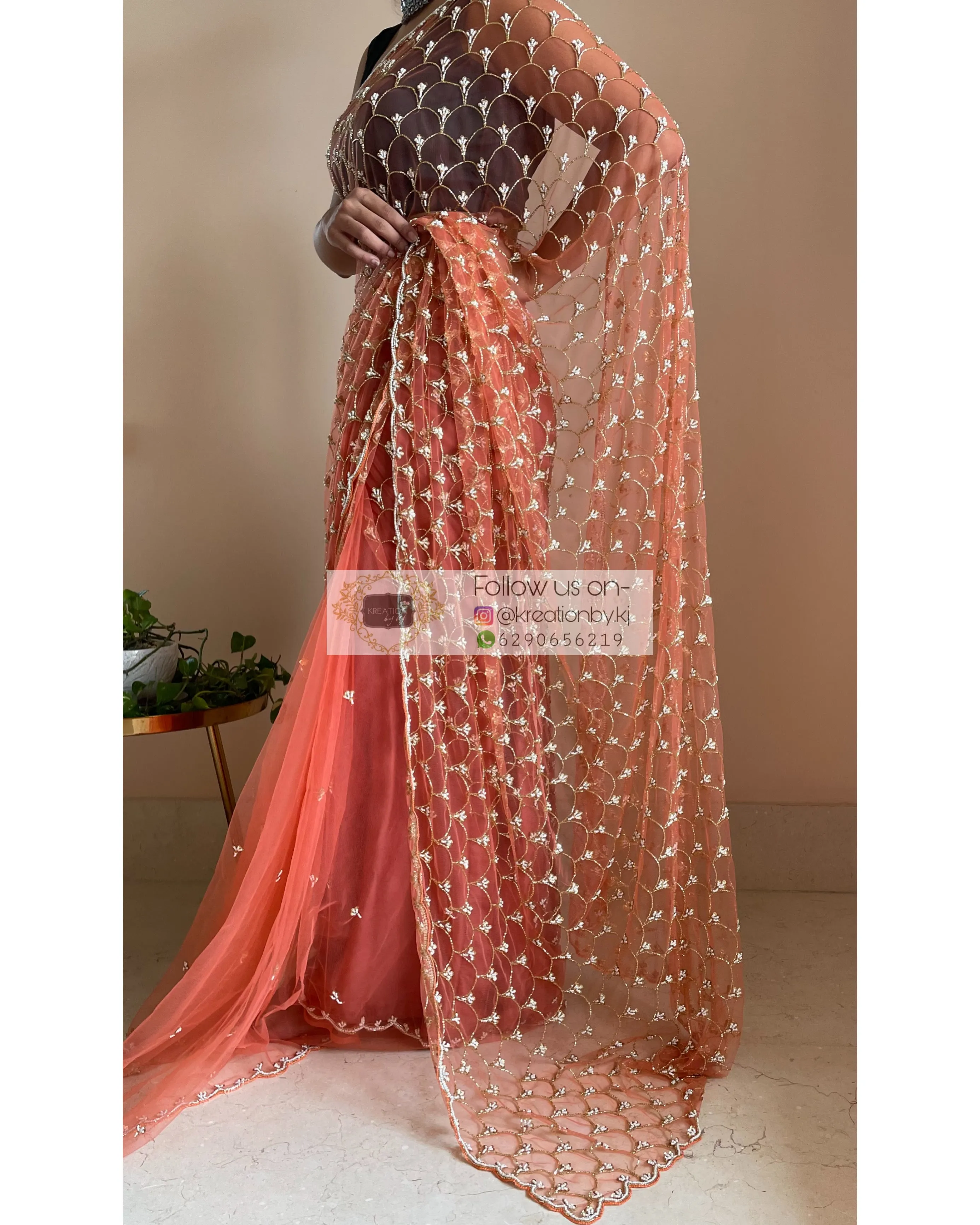 Coral Cutdana Mehraab Jaal Saree