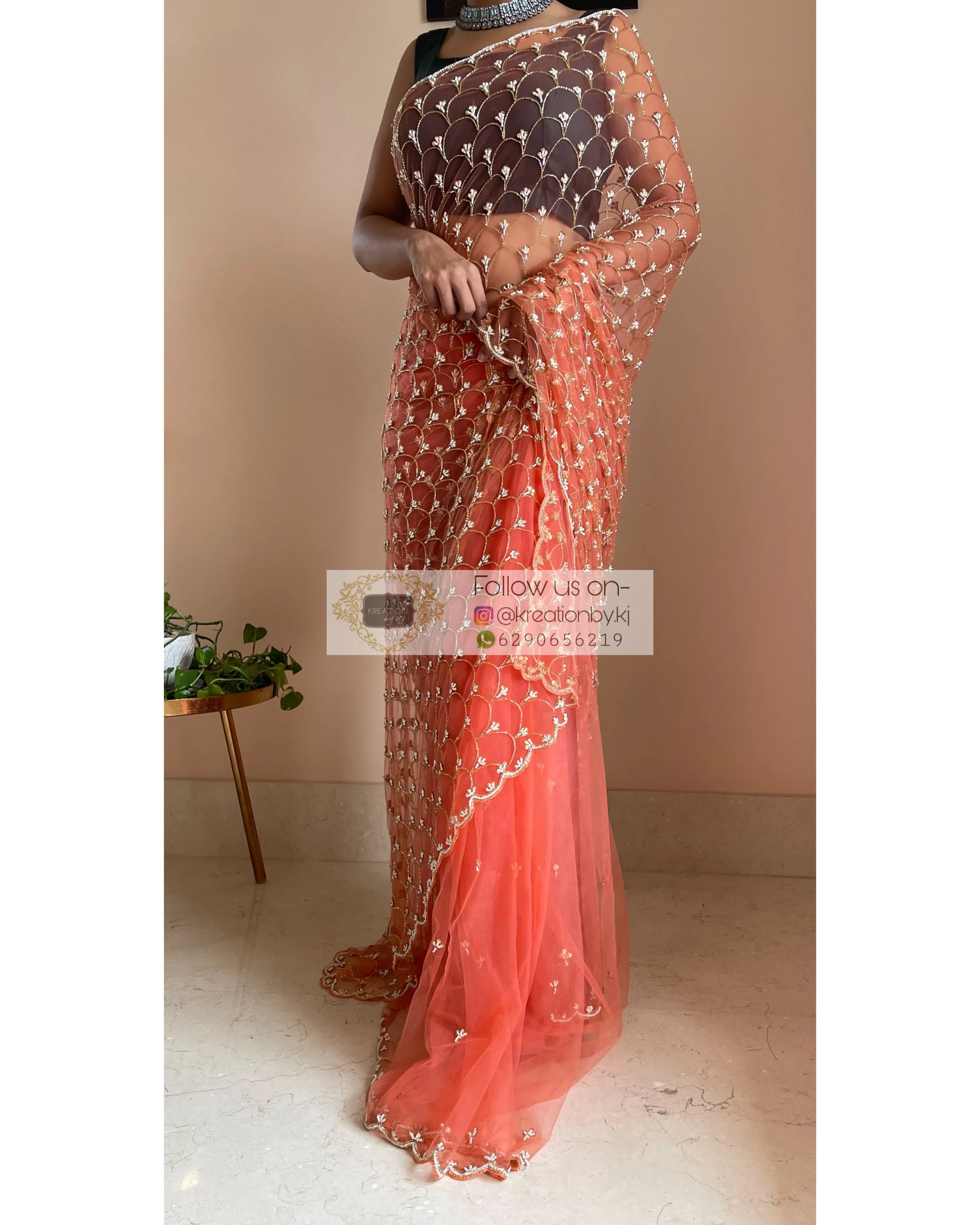 Coral Cutdana Mehraab Jaal Saree