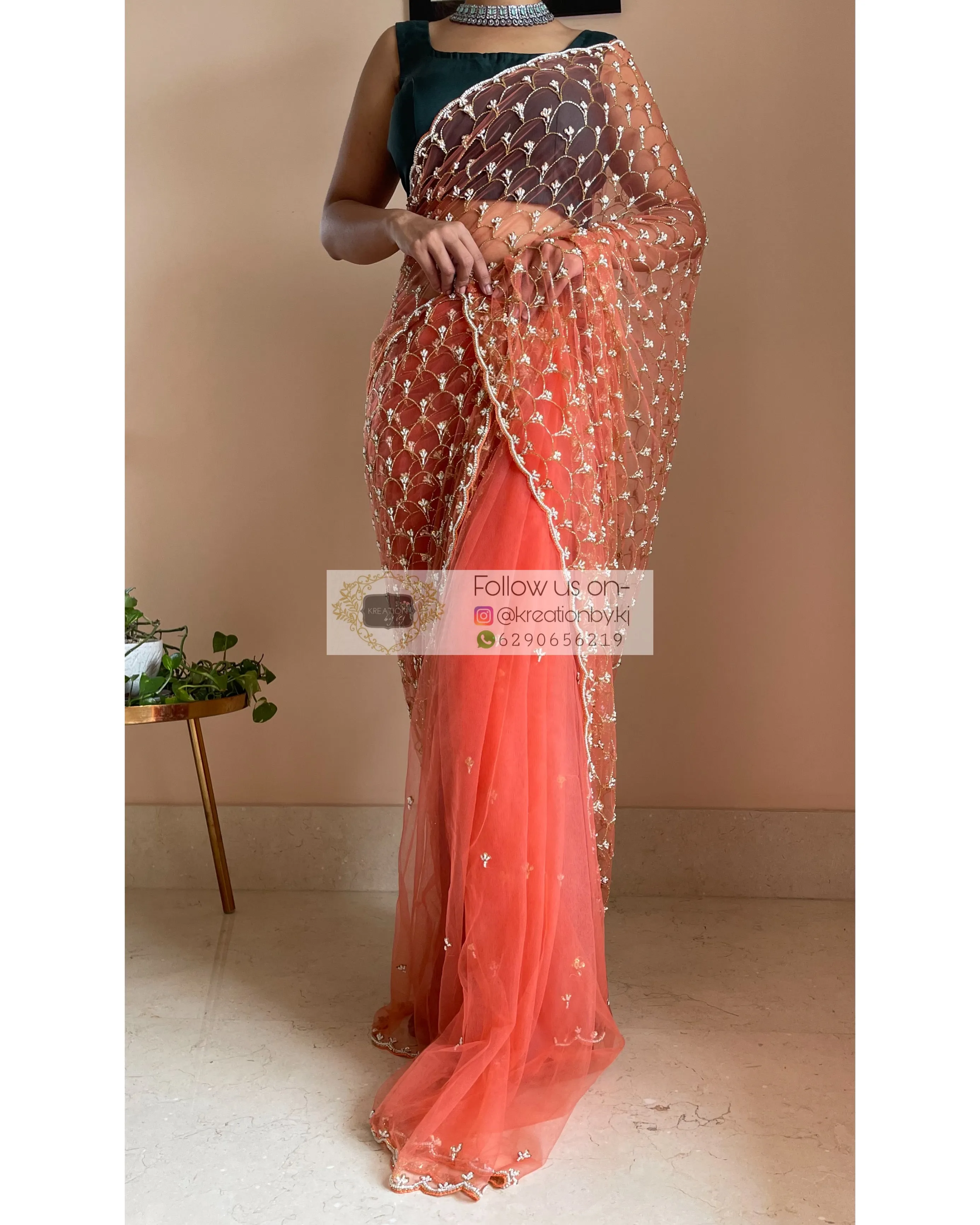 Coral Cutdana Mehraab Jaal Saree