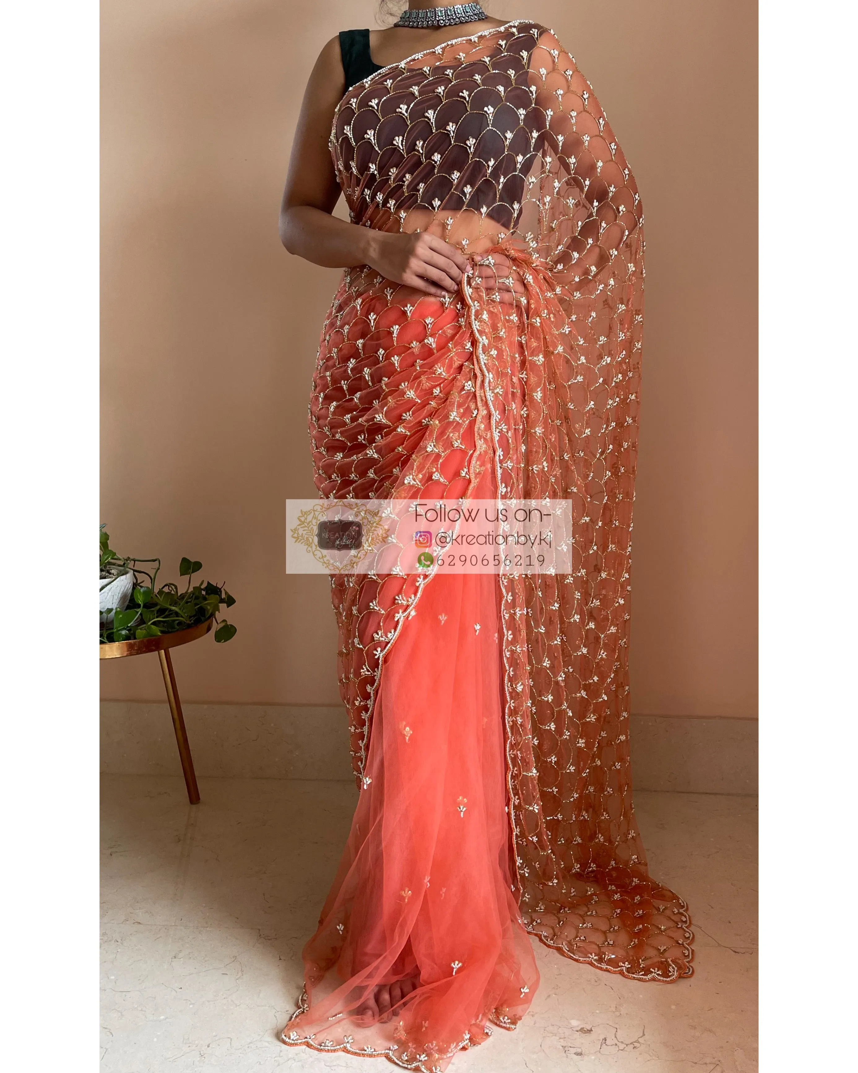 Coral Cutdana Mehraab Jaal Saree