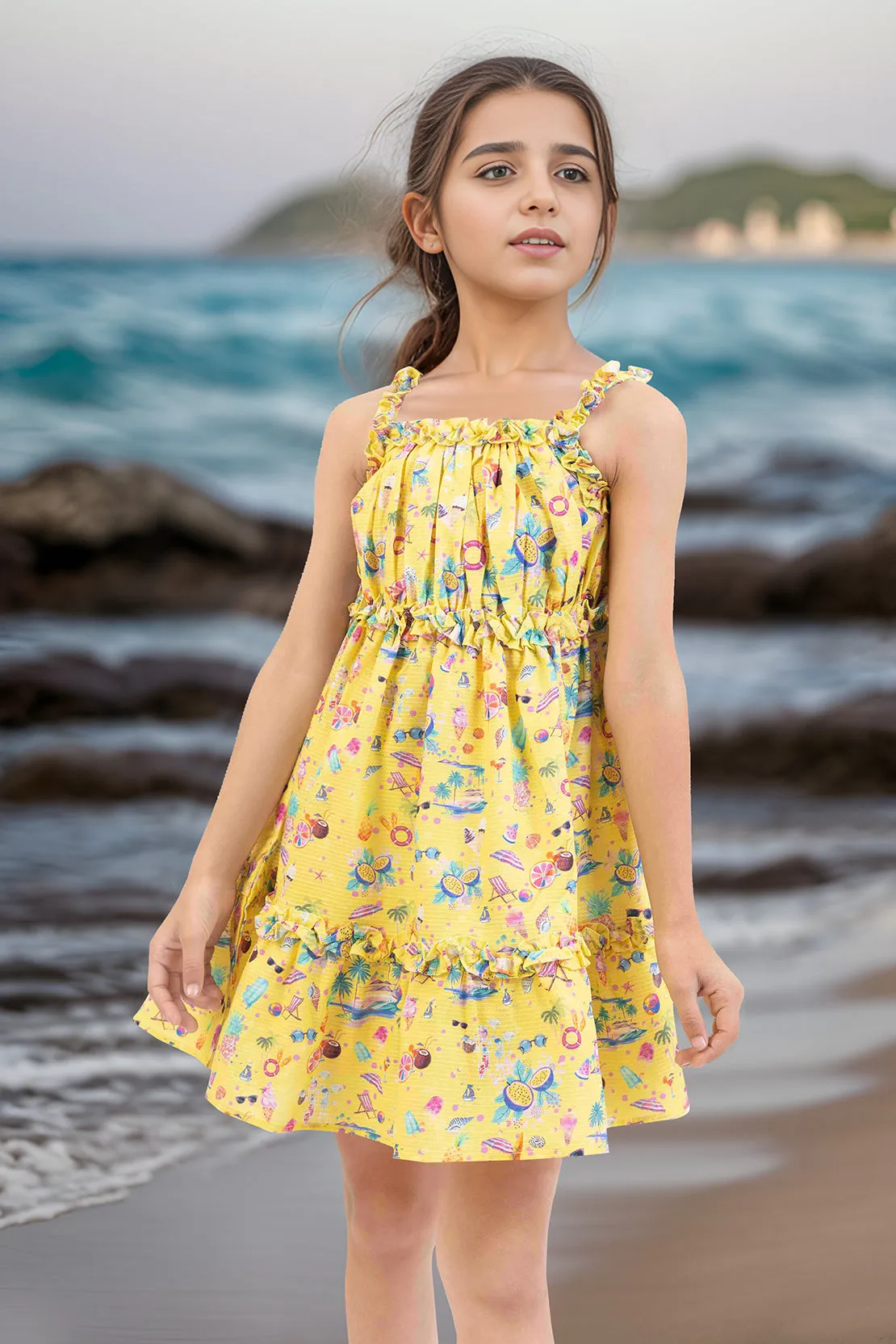 Cotton Dobby Stitched Tier Panel Dress With Ruffled Straps