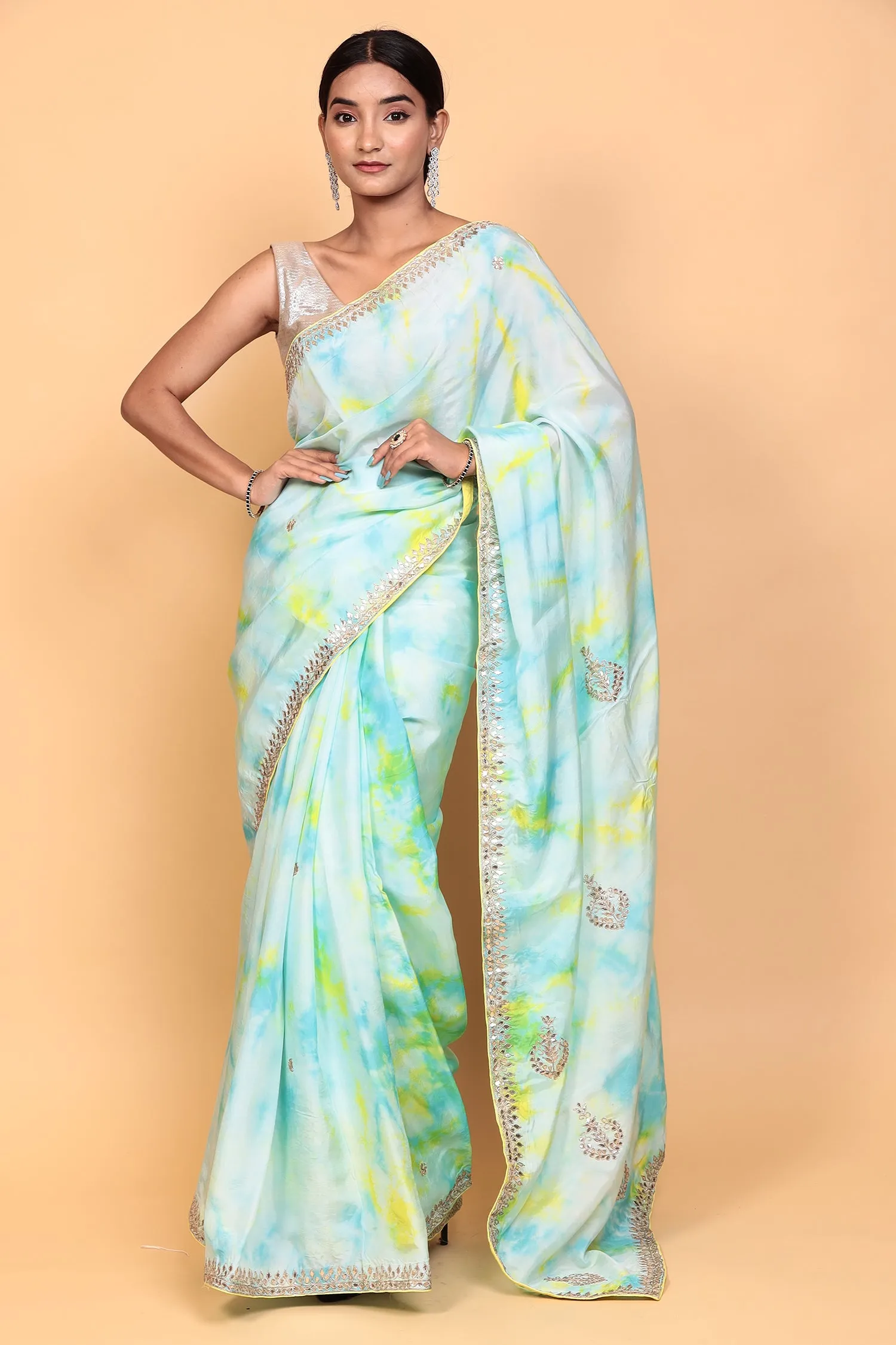 Crepe silk Saree with Gota Patti, Tie & Dye work.