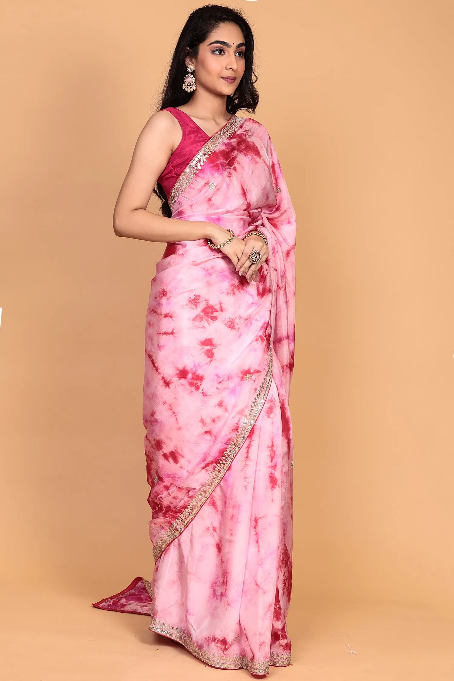 Crepe silk Saree with Gota Patti, Tie & Dye work.