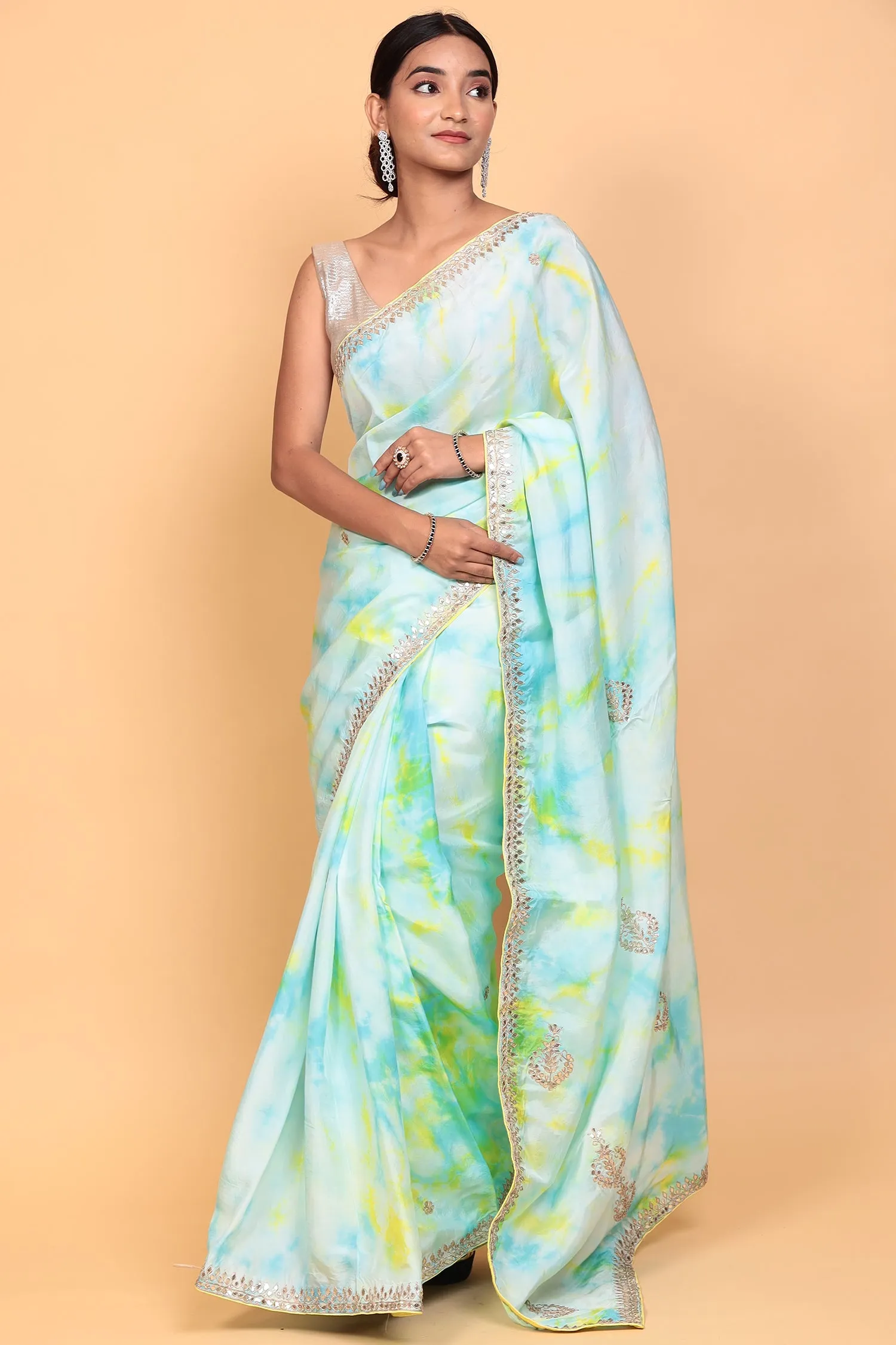 Crepe silk Saree with Gota Patti, Tie & Dye work.