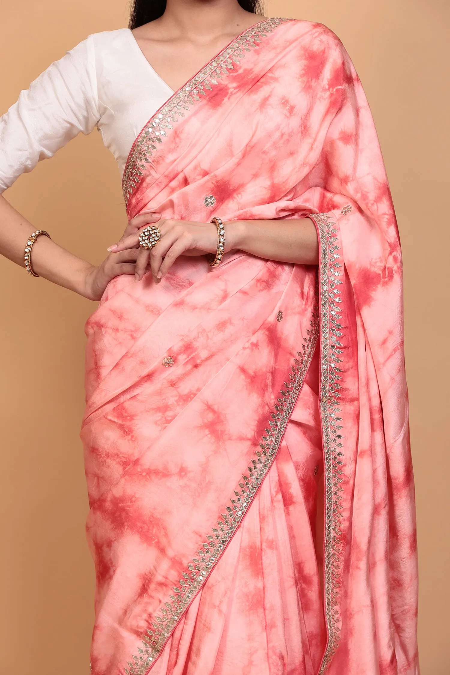 Crepe silk Saree with Gota Patti, Tie & Dye work.