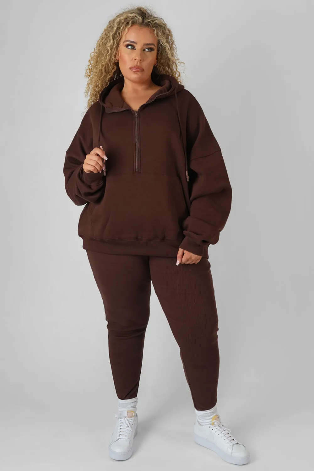 CURVE OVERSIZED HALF ZIP HOODY CHOCOLATE