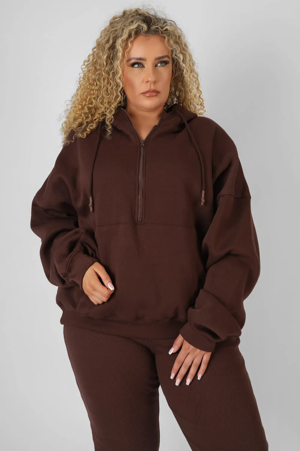 CURVE OVERSIZED HALF ZIP HOODY CHOCOLATE