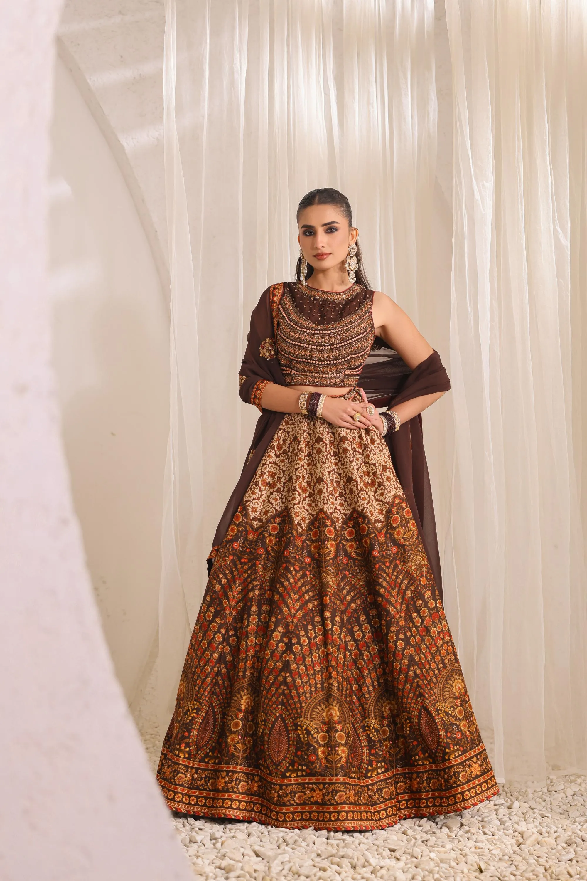 Dark Brown Traditional Printed Raw Silk Lehenga Set