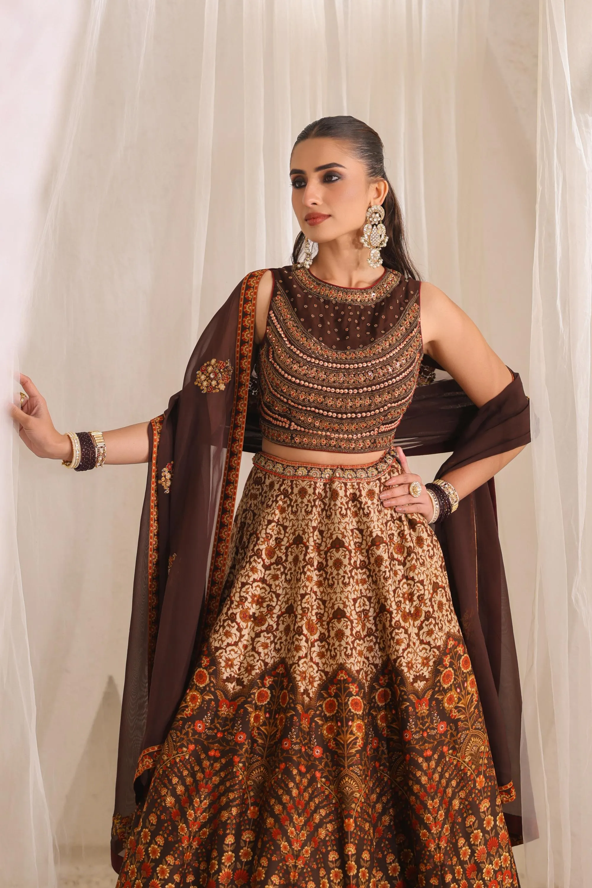 Dark Brown Traditional Printed Raw Silk Lehenga Set