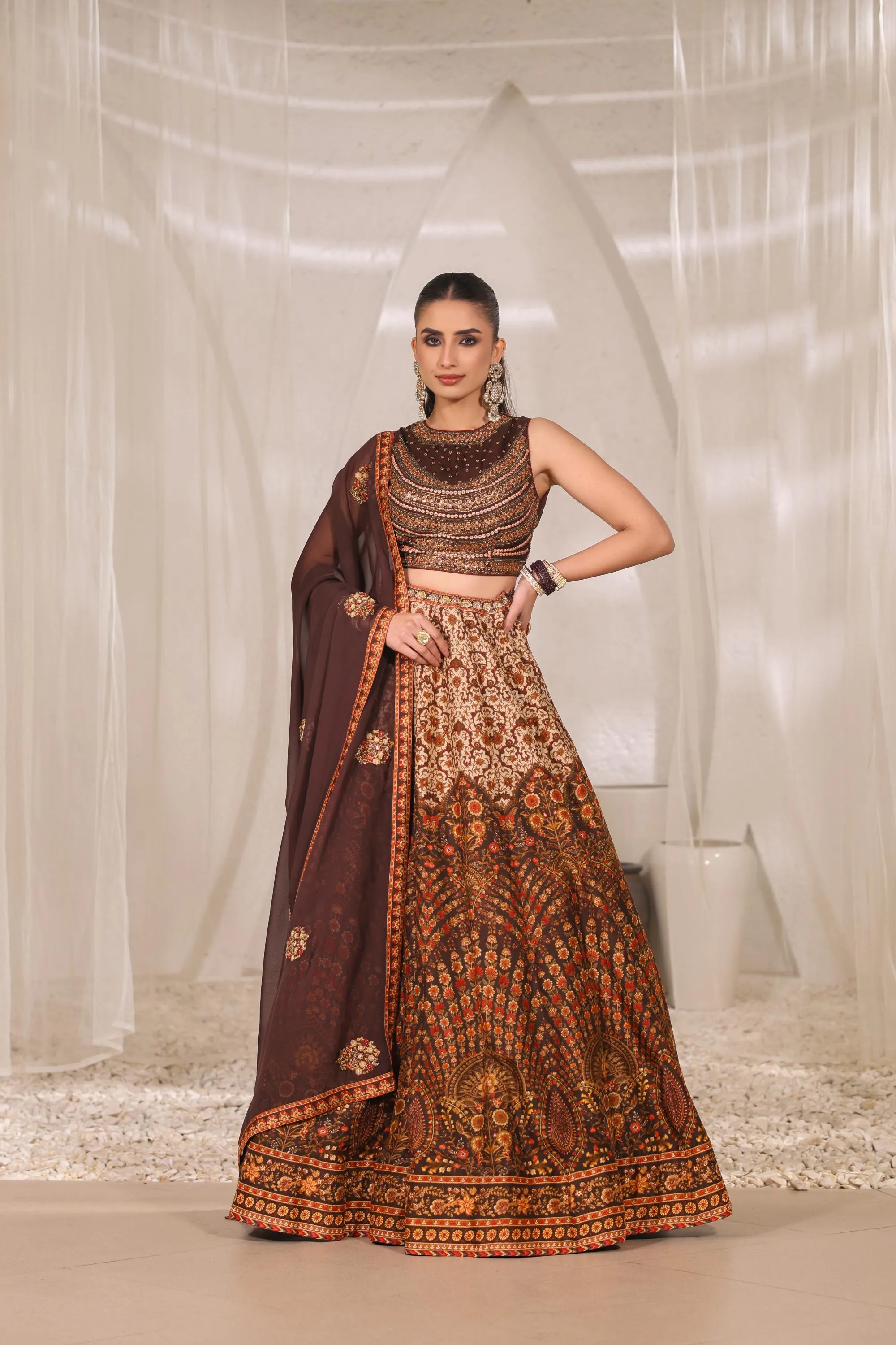 Dark Brown Traditional Printed Raw Silk Lehenga Set