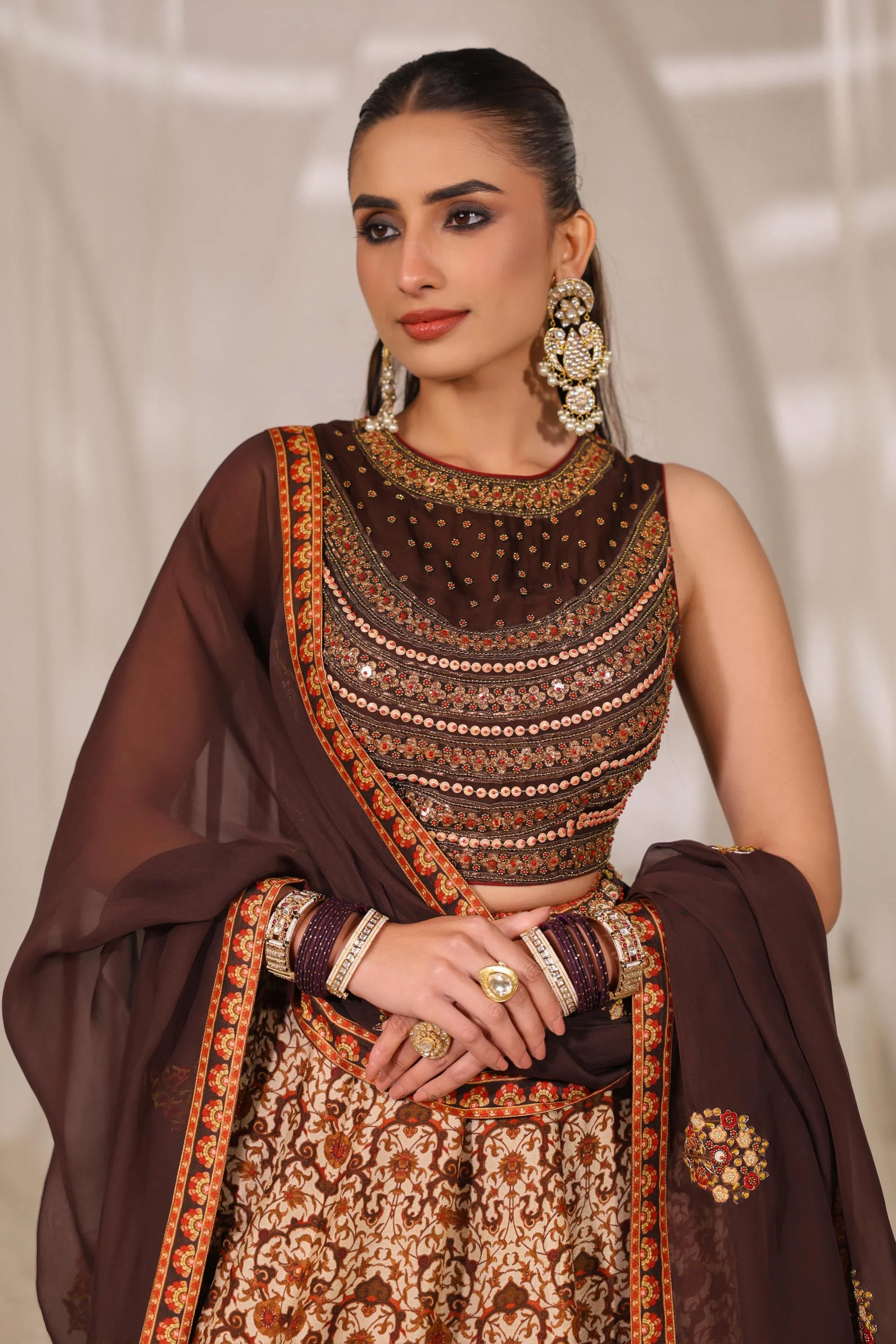 Dark Brown Traditional Printed Raw Silk Lehenga Set