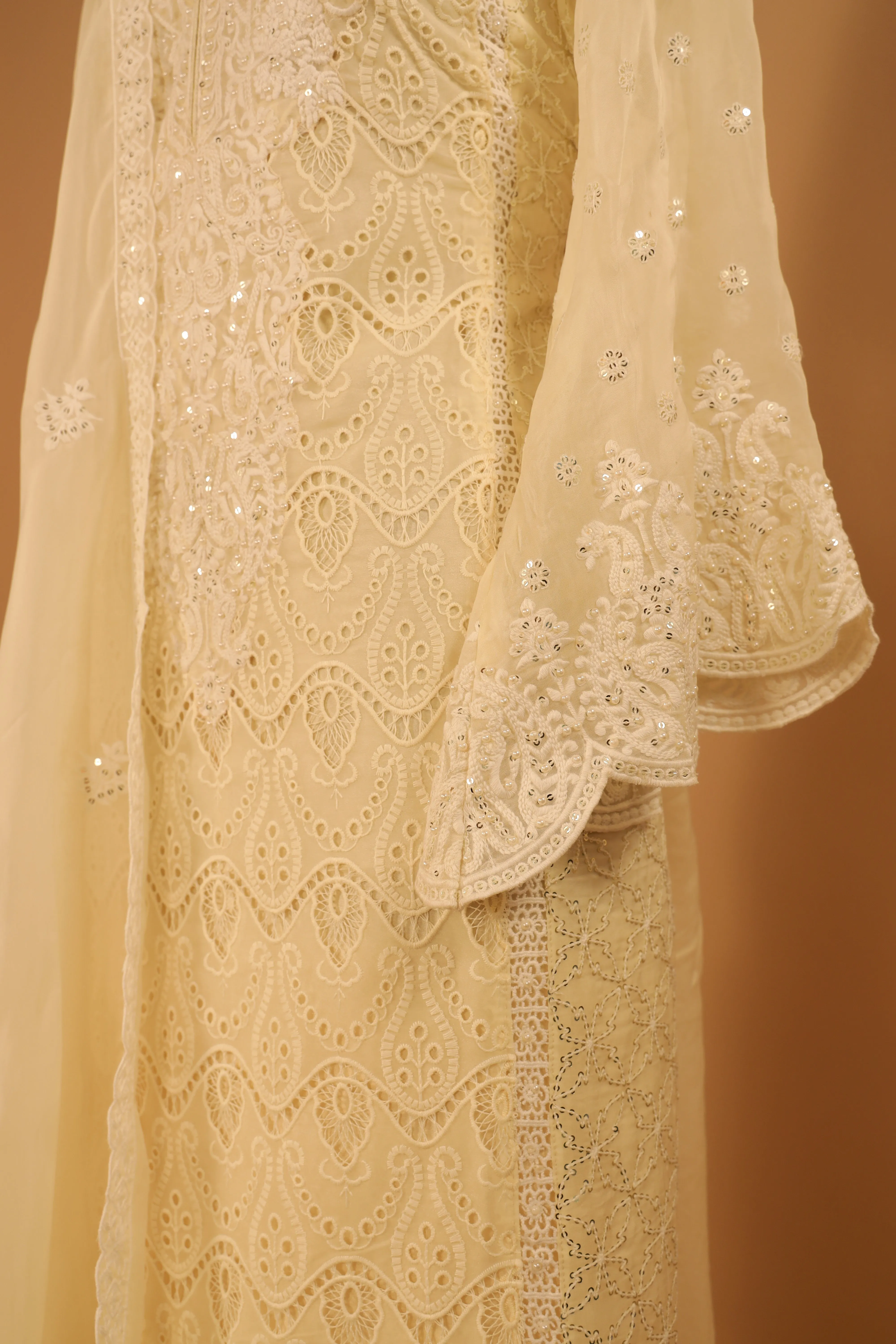 Designer  Cream Embroidered Cutwork Organza Suit Dupatta