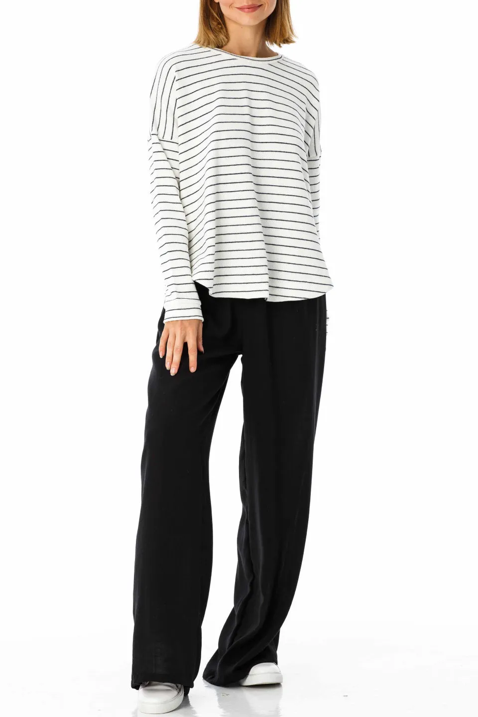 Draw The Line LS White Stripe Relaxed Top