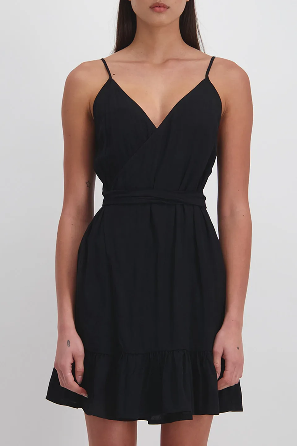 Ebony Strappy Wrap Ruffle Black Dress