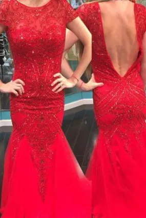 Elegant Jewel Short Sleeves Red Mermaid Prom Dress with Beading Backless