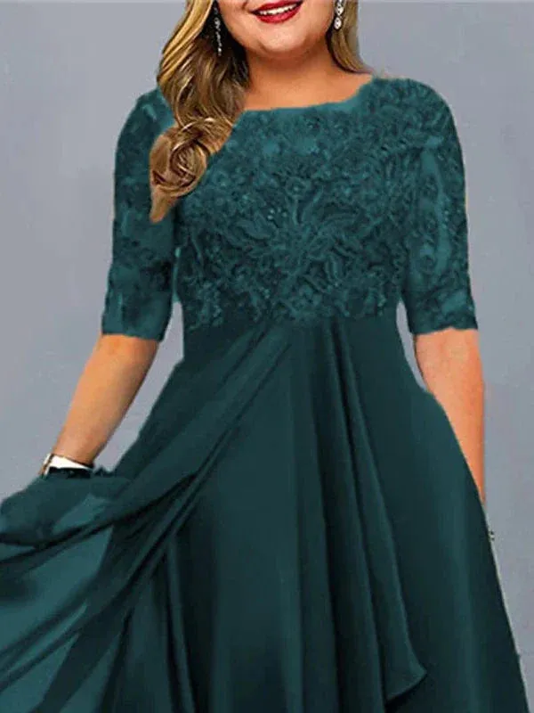 Elegant Plus Size Lace Midi Dress with Crew Neck and Half Sleeves