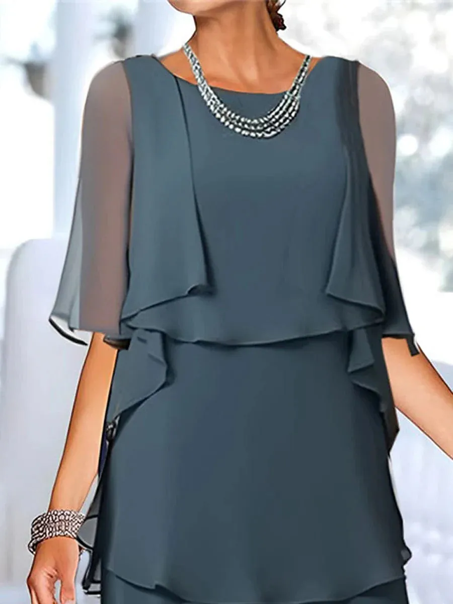 Elegant Women's Chiffon Midi Dress with Half Sleeves and Ruffle Details