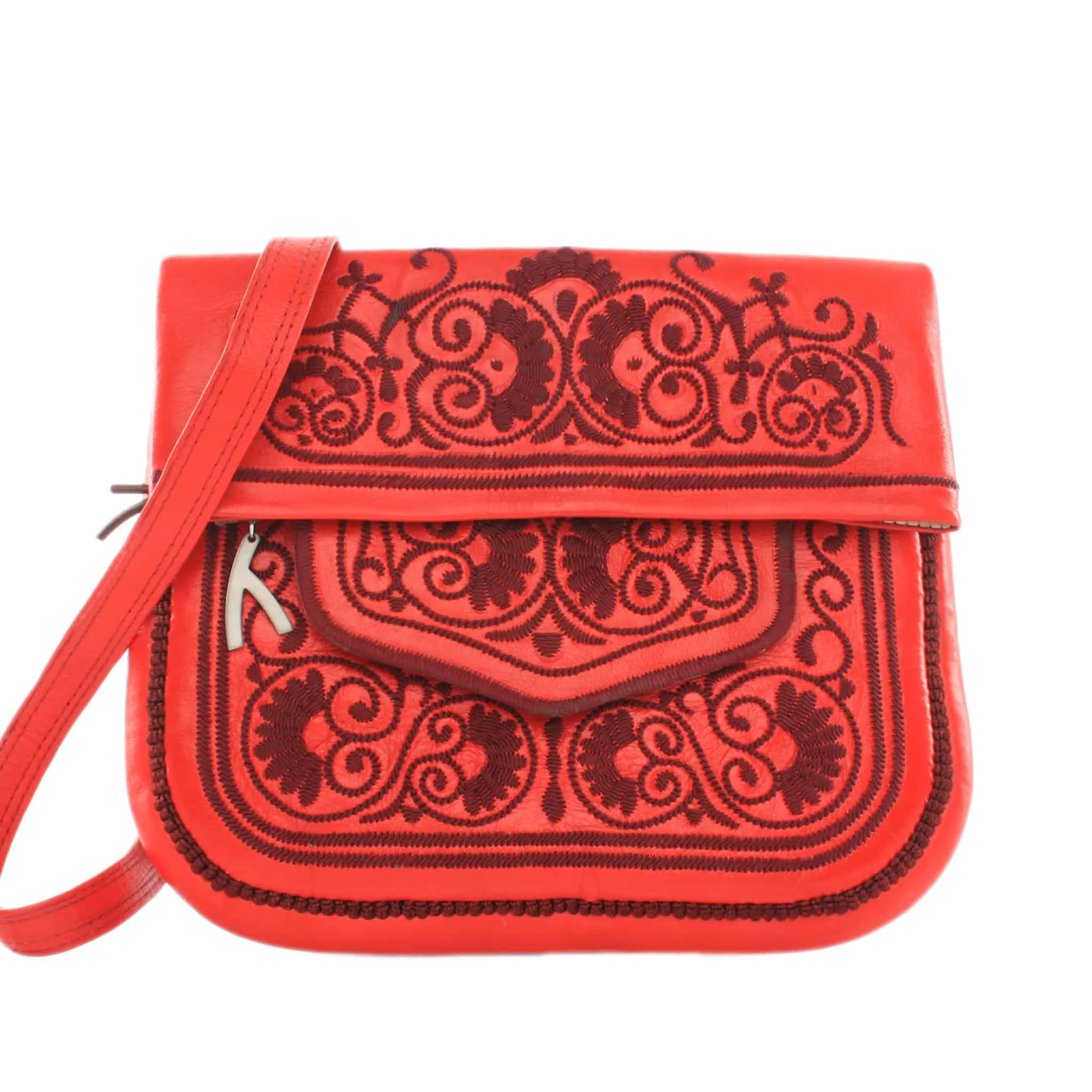 Embroidered Leather Berber Bag in Red