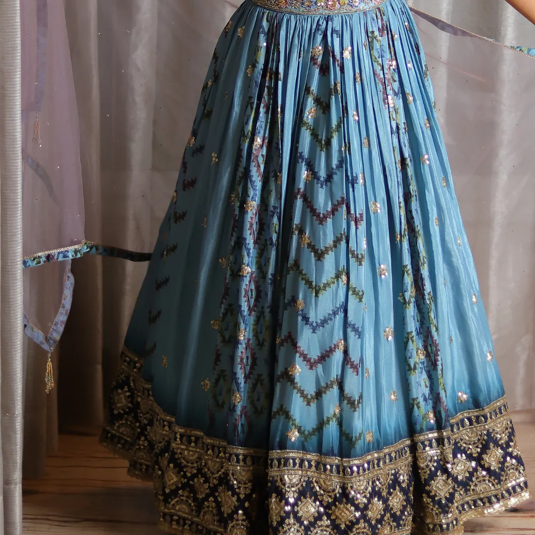 Ferozi Zari Embroidered Silk Crepe Lehenga