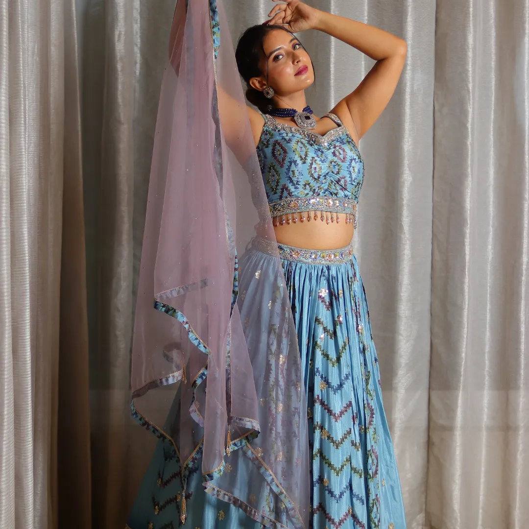 Ferozi Zari Embroidered Silk Crepe Lehenga