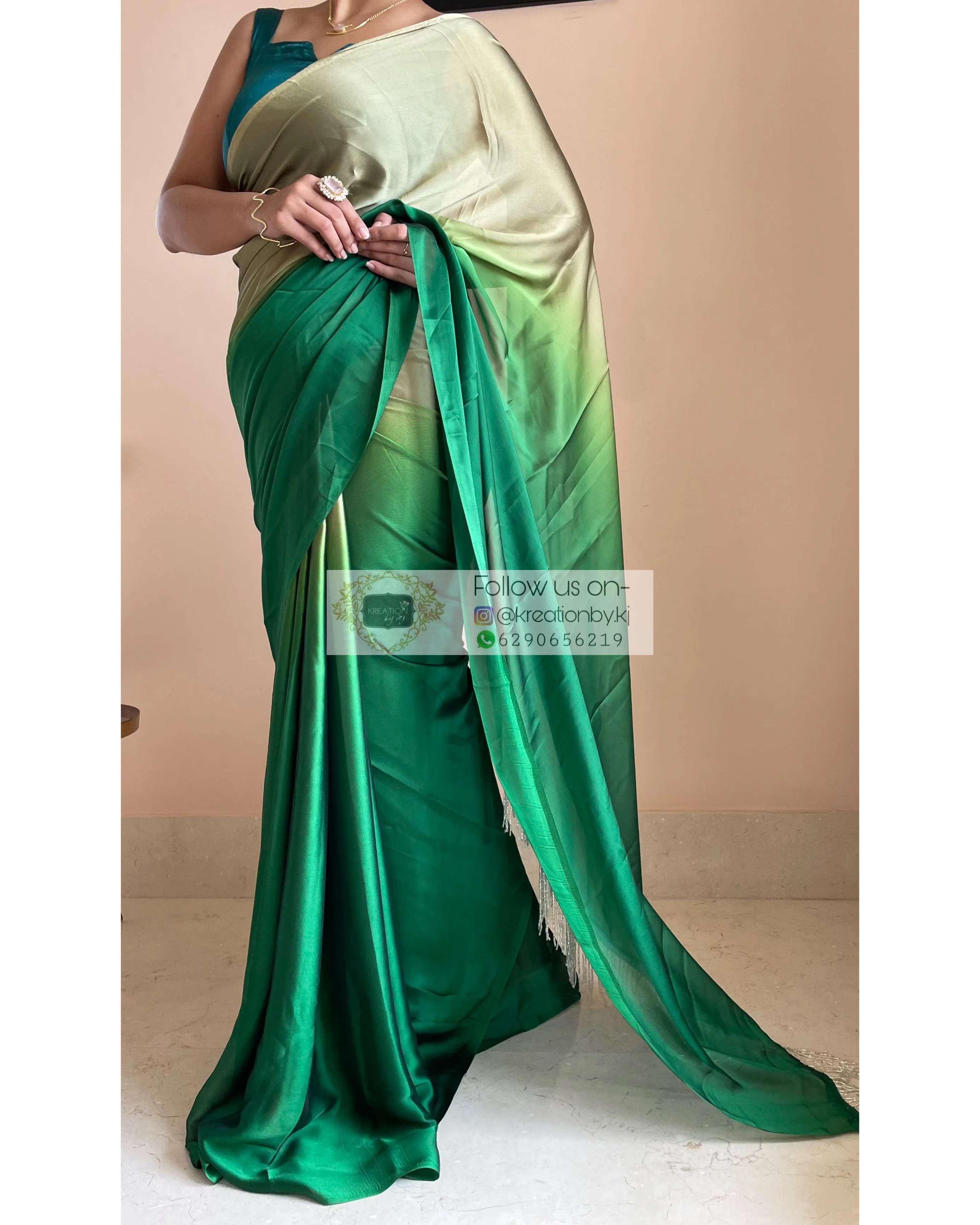 Green Mimosa Ombré Georgette Saree with Handmade Tassels on Pallu