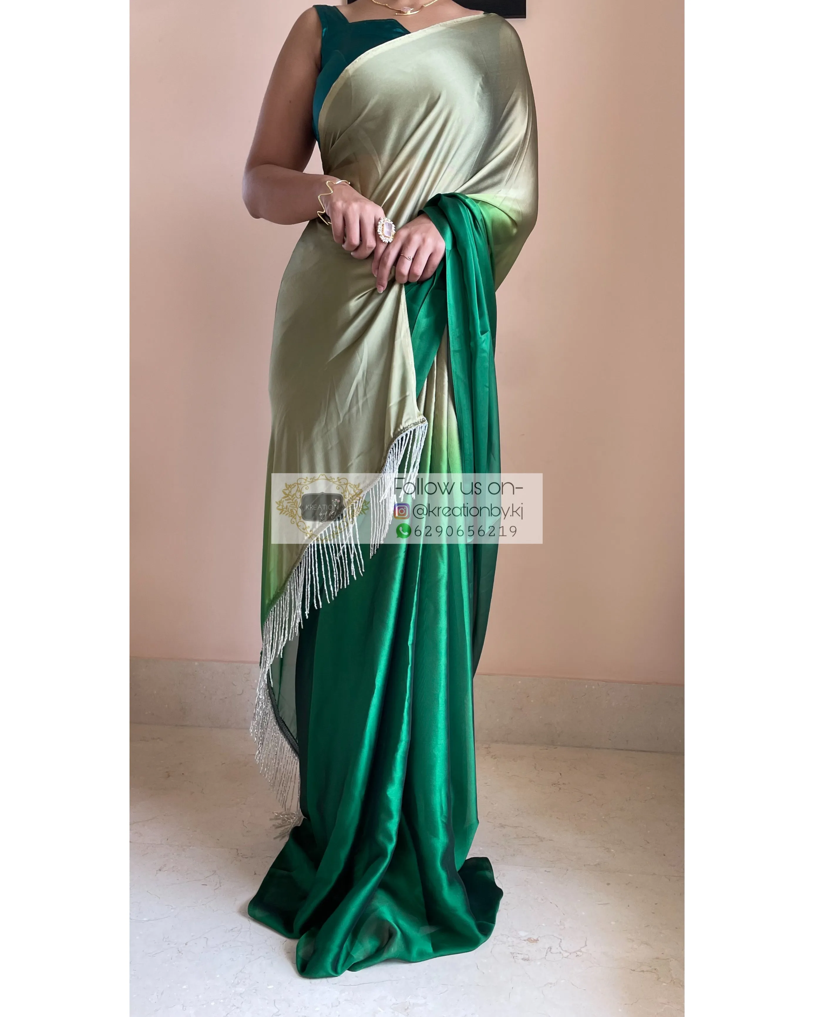 Green Mimosa Ombré Georgette Saree with Handmade Tassels on Pallu