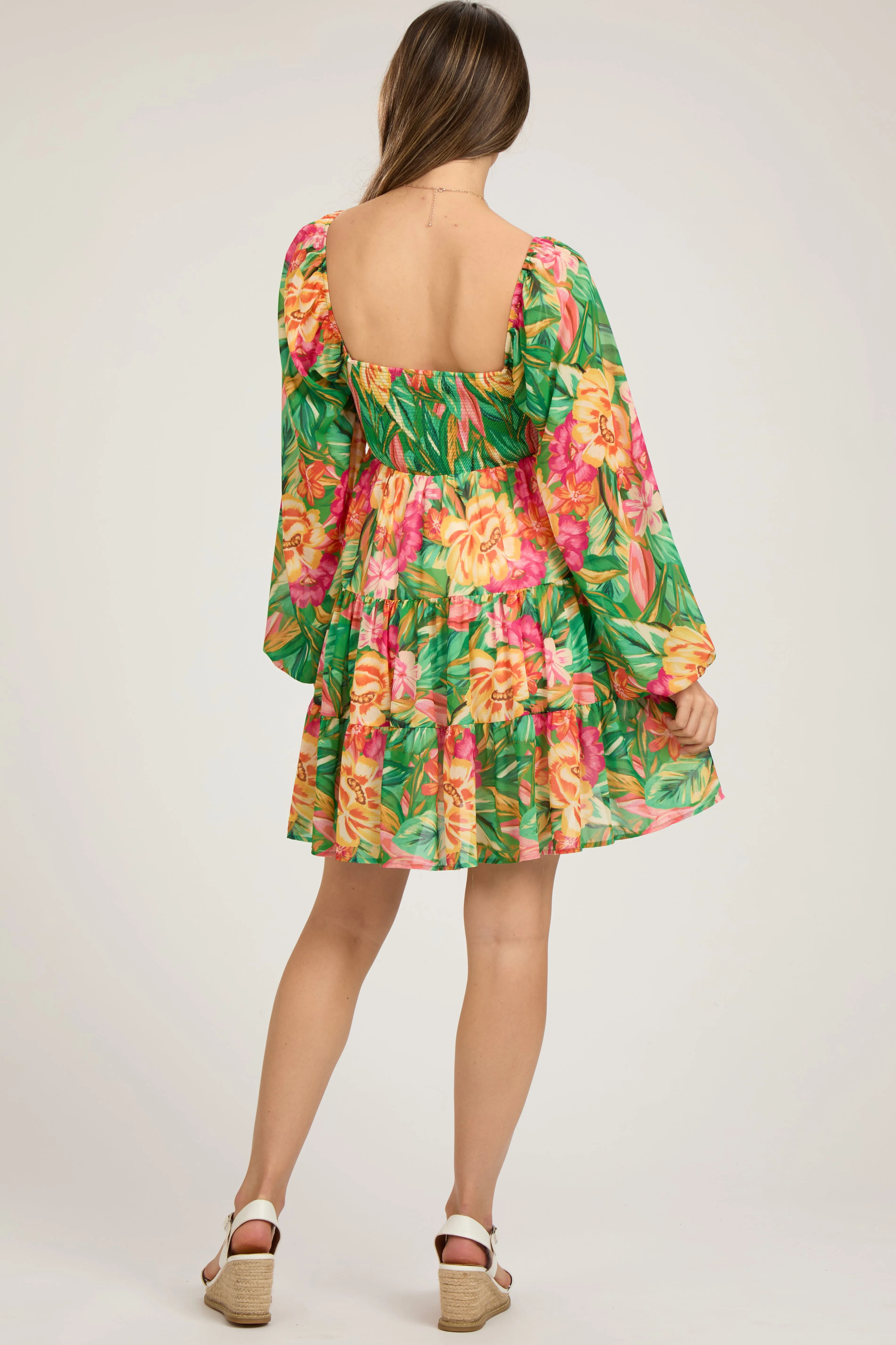 Green Tropical Floral Smocked V-Neck Maternity Midi Dress