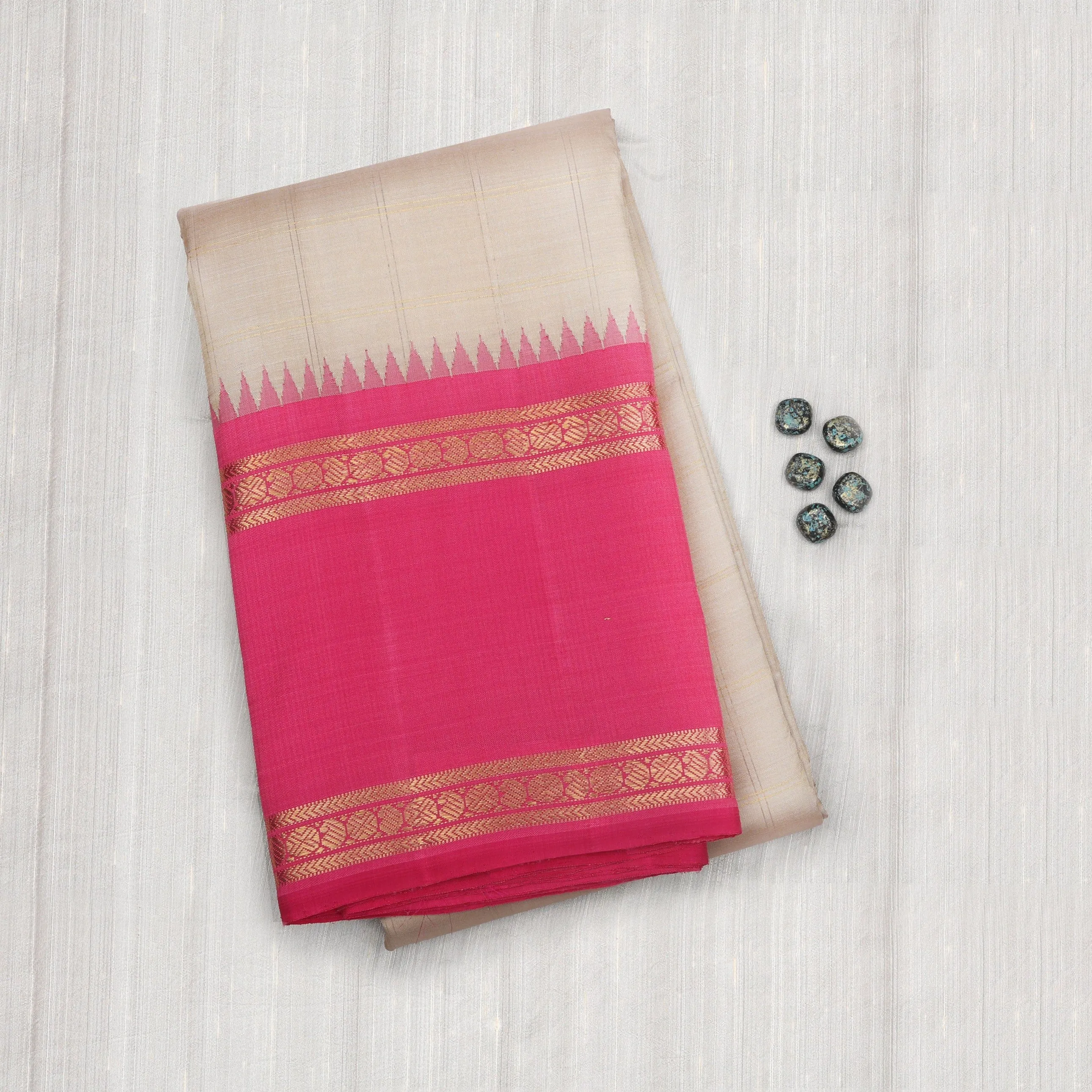 Handwoven Beige with Pink and Yellow Kanjivaram Silk Saree - 1455T004988DSC