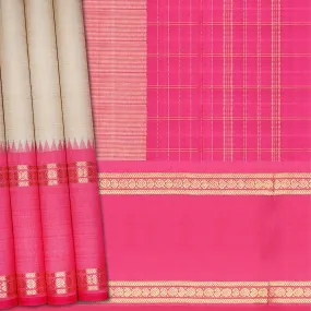 Handwoven Beige with Pink and Yellow Kanjivaram Silk Saree - 1455T004988DSC