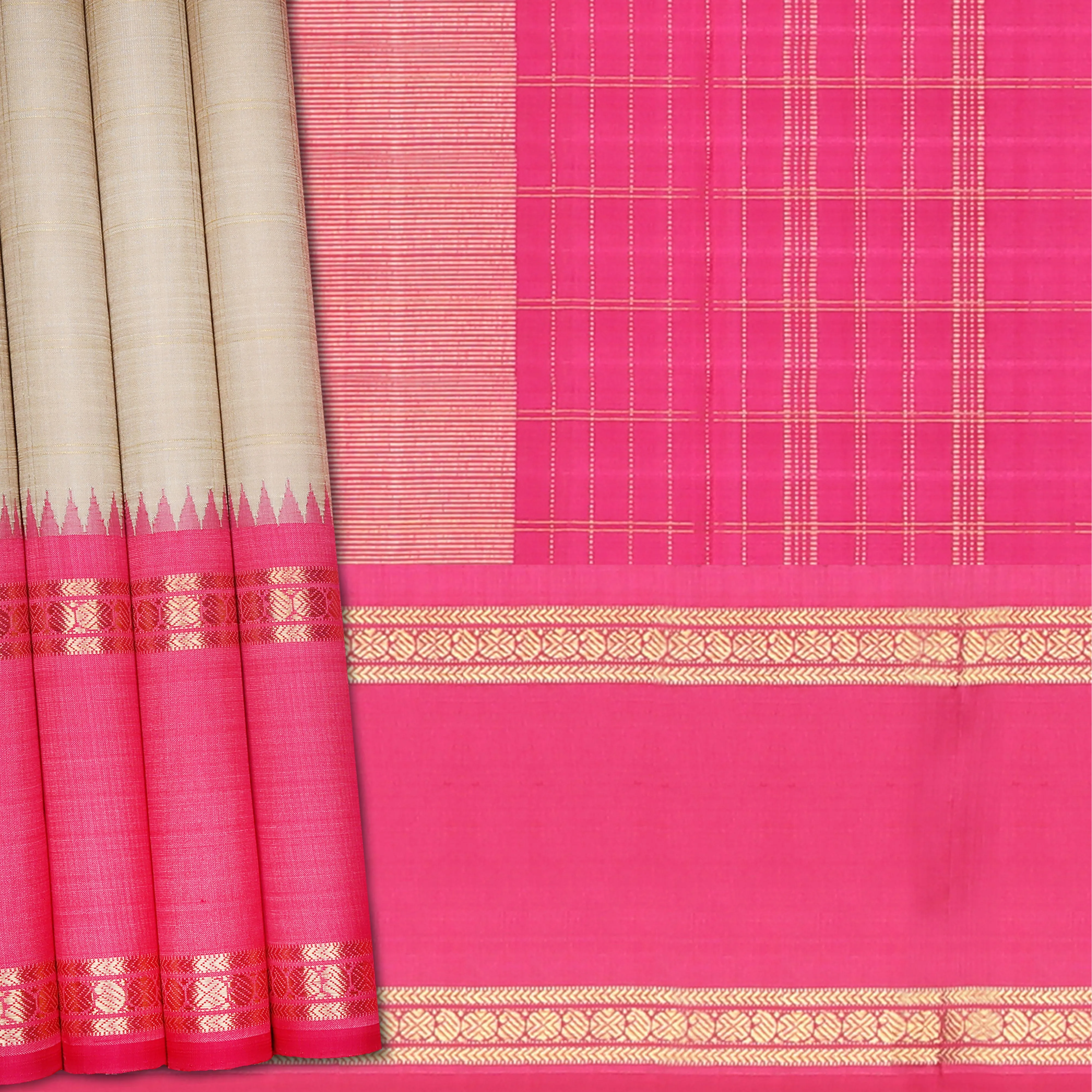 Handwoven Beige with Pink and Yellow Kanjivaram Silk Saree - 1455T004988DSC