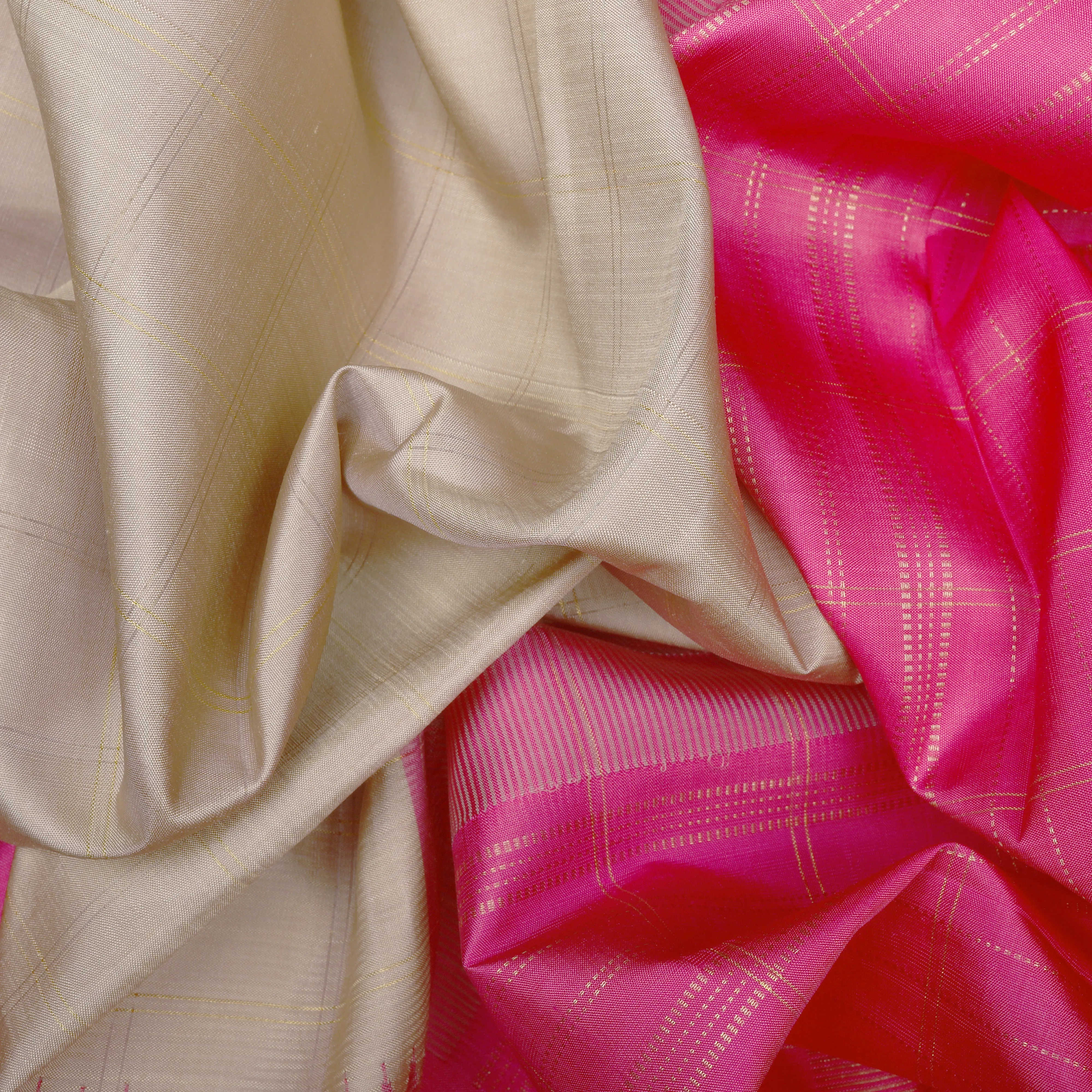 Handwoven Beige with Pink and Yellow Kanjivaram Silk Saree - 1455T004988DSC