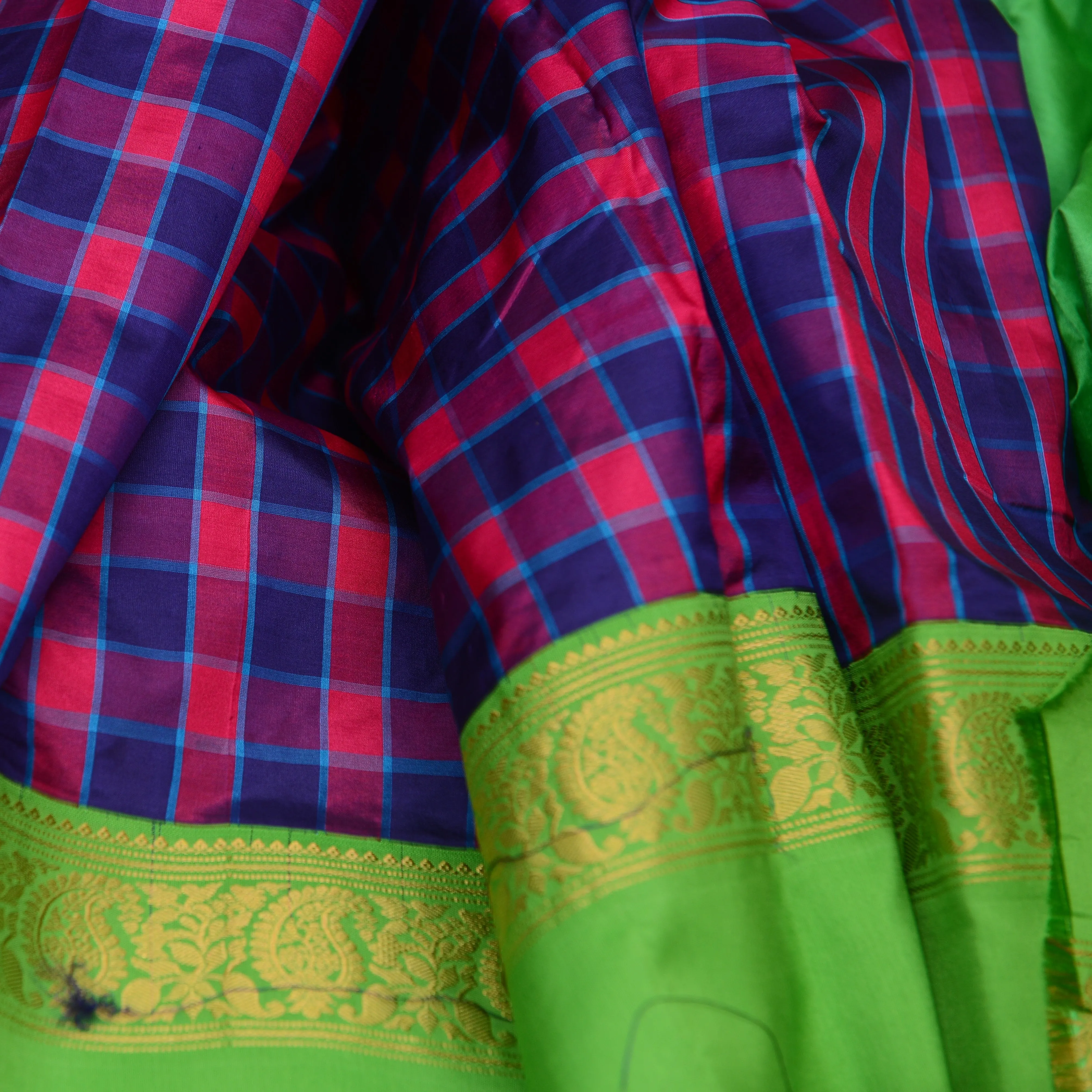 Handwoven Blue and Pink with Green Bangalore Silk Saree - 127N010025DSJ