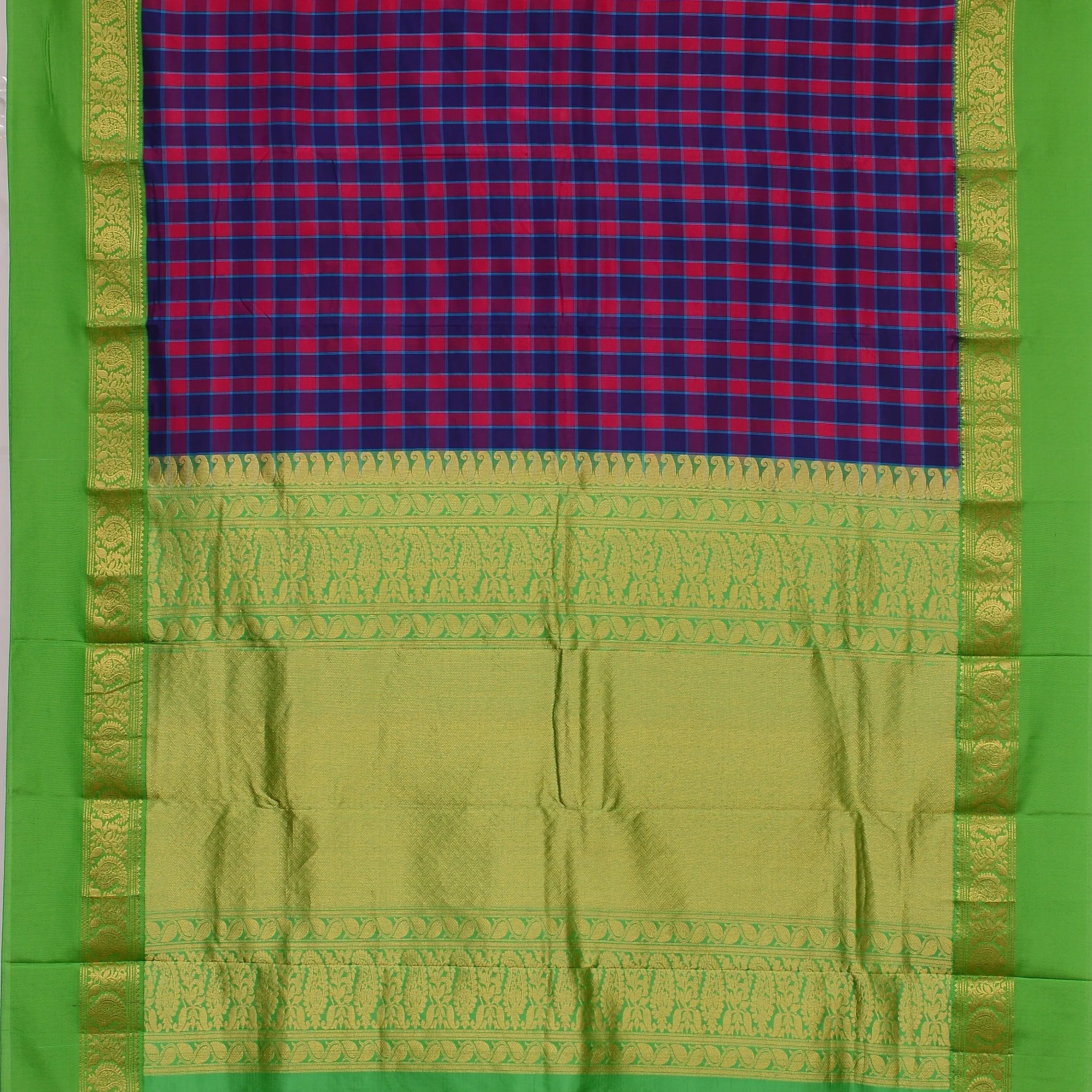 Handwoven Blue and Pink with Green Bangalore Silk Saree - 127N010025DSJ