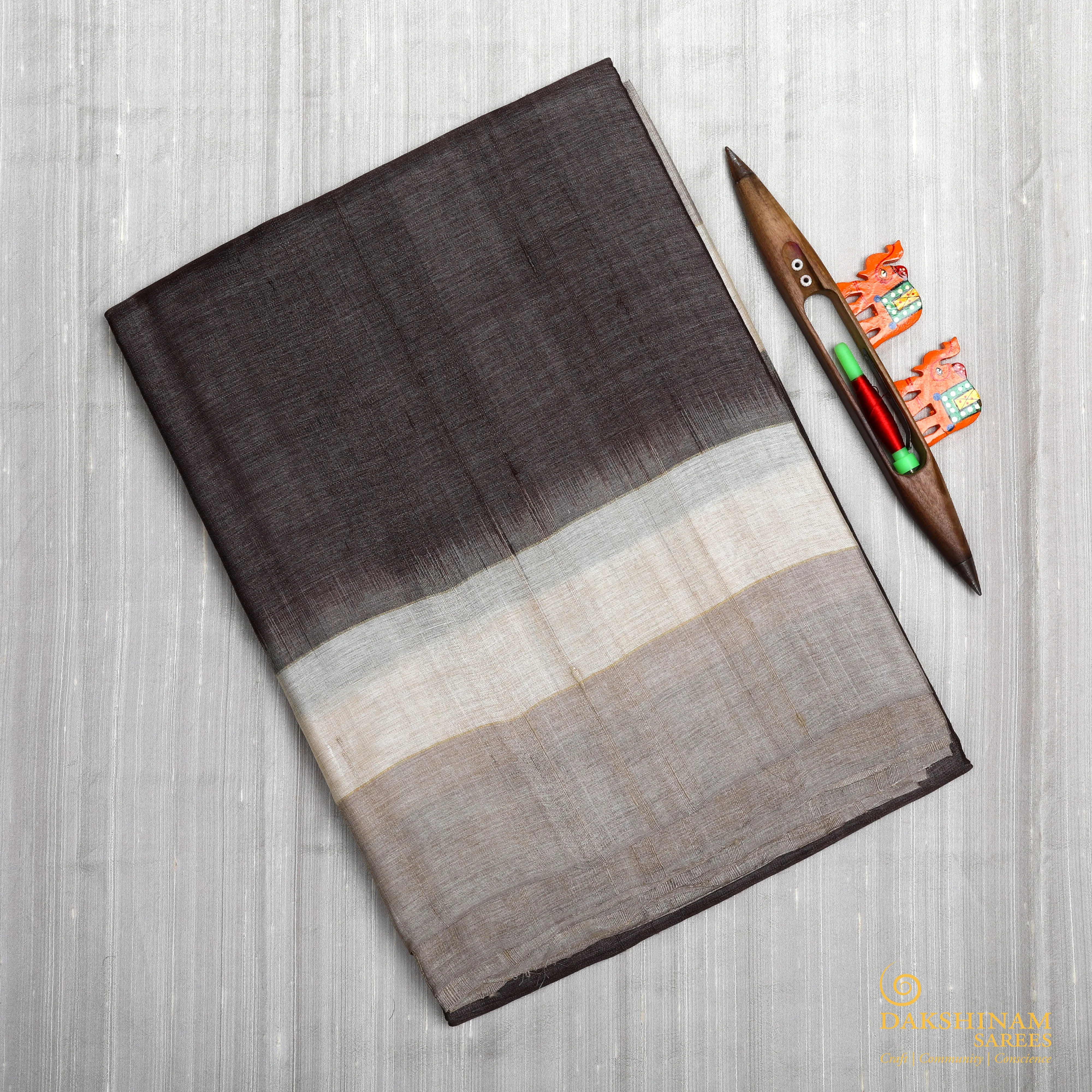 Handwoven Brown with beige and Off-white Tussar Silk Saree - 1199T000917DSC