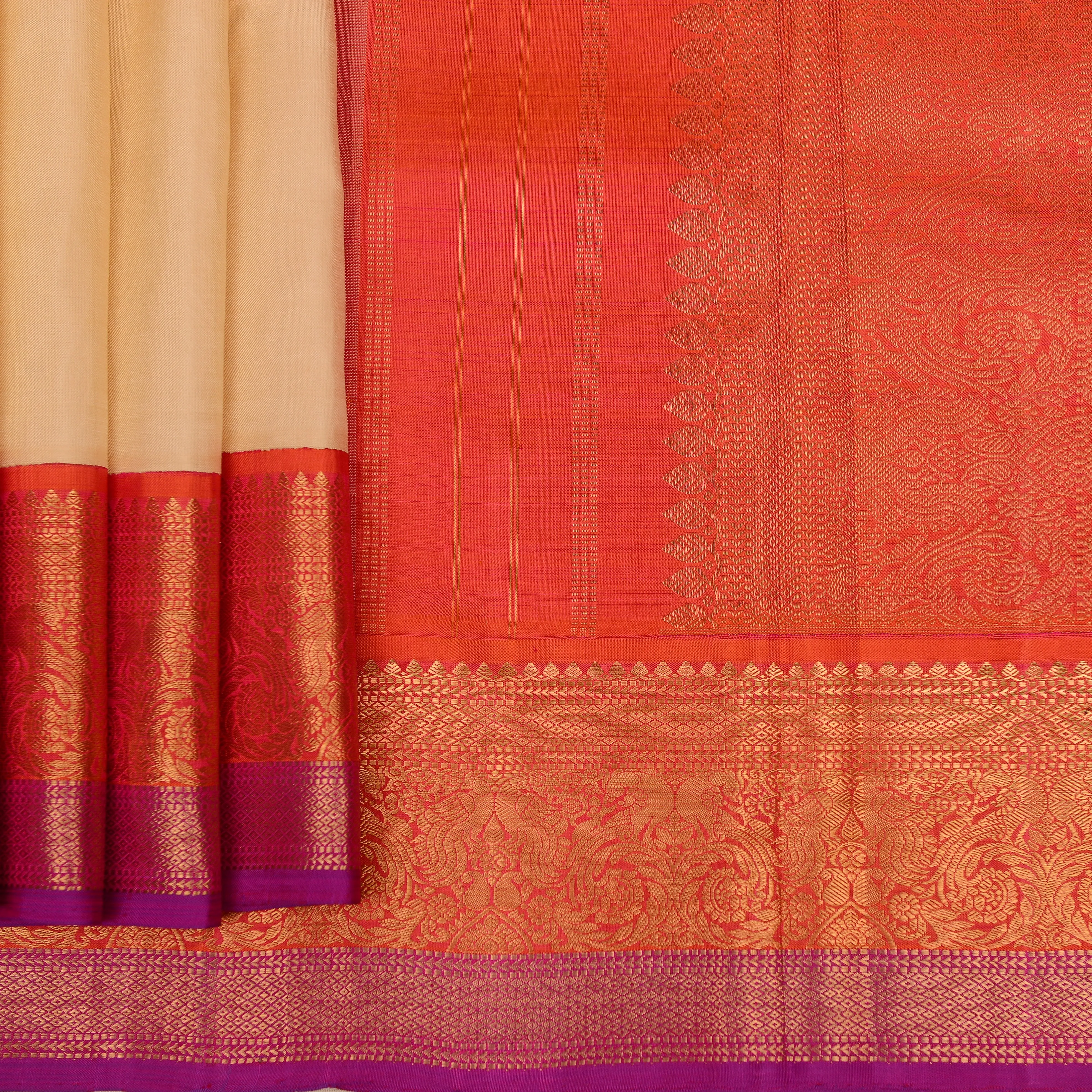 Handwoven Cream with Pink Kanjivaram Silk Saree - 147N009938DSJ