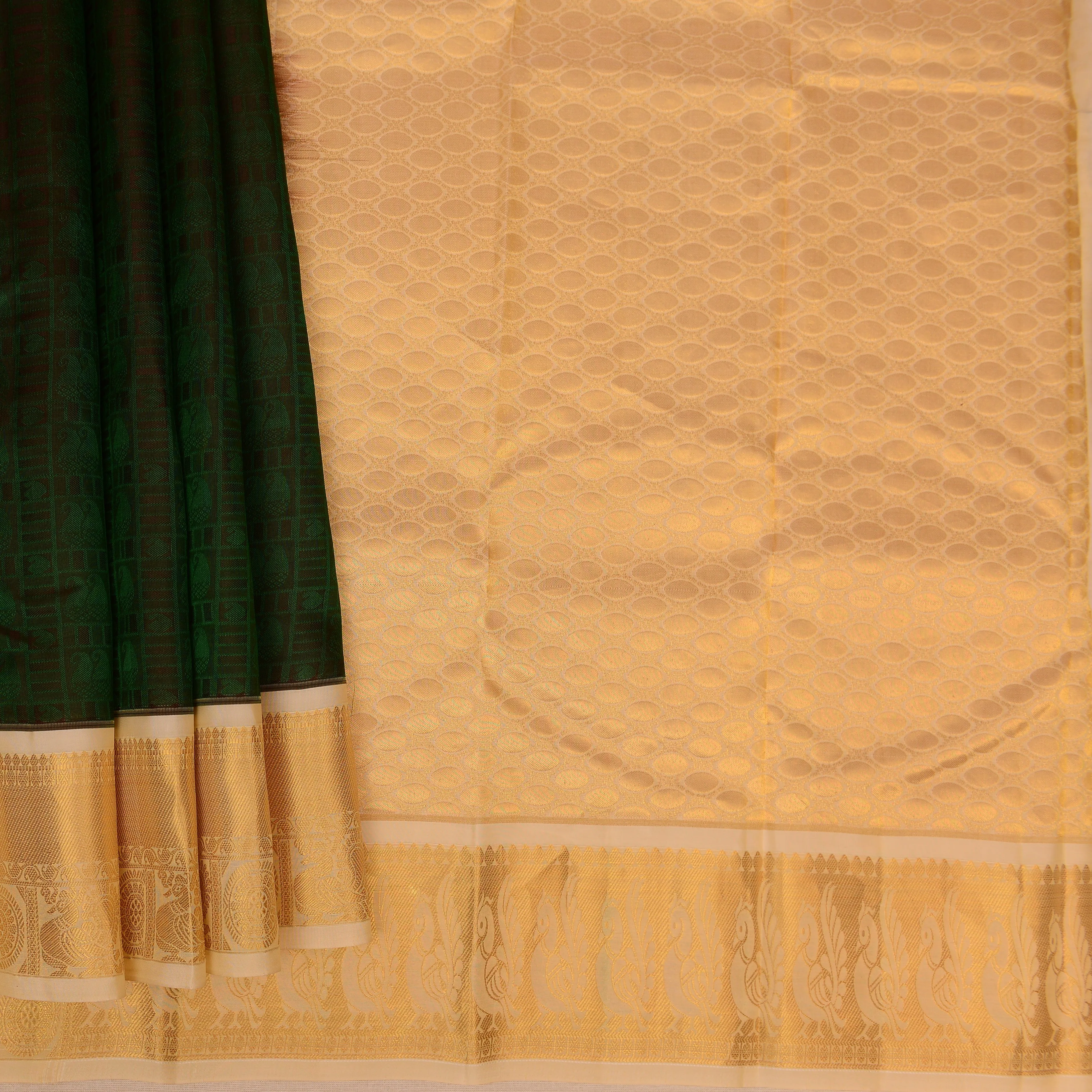 Handwoven Green with Off-white Bangalore Silk Saree - 181N012612DSJ